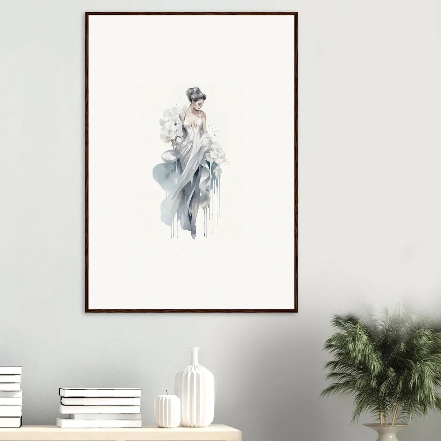 Delicate watercolor figure in blue-gray, part of Veiled Melancholia Blossoms art
