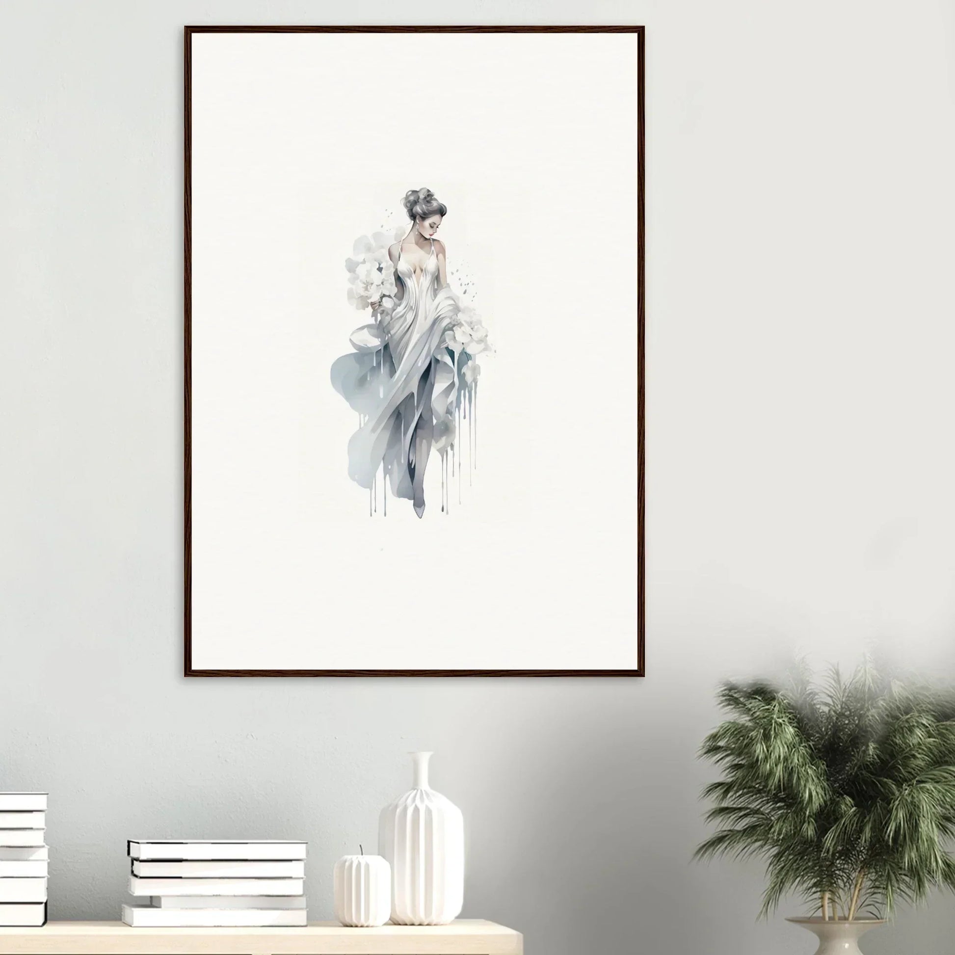 Delicate watercolor figure in blue-gray, part of Veiled Melancholia Blossoms art