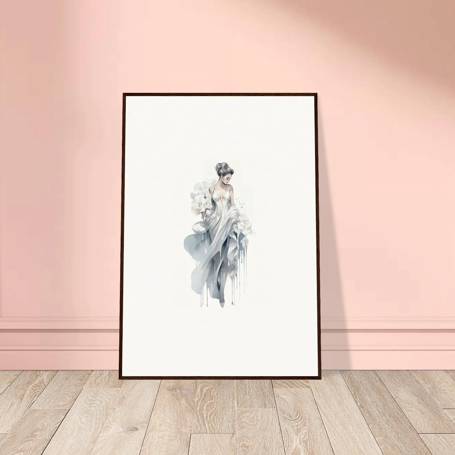 Black-framed artwork of a grayscale watercolor figure sketch for Veiled Melancholia Blossoms