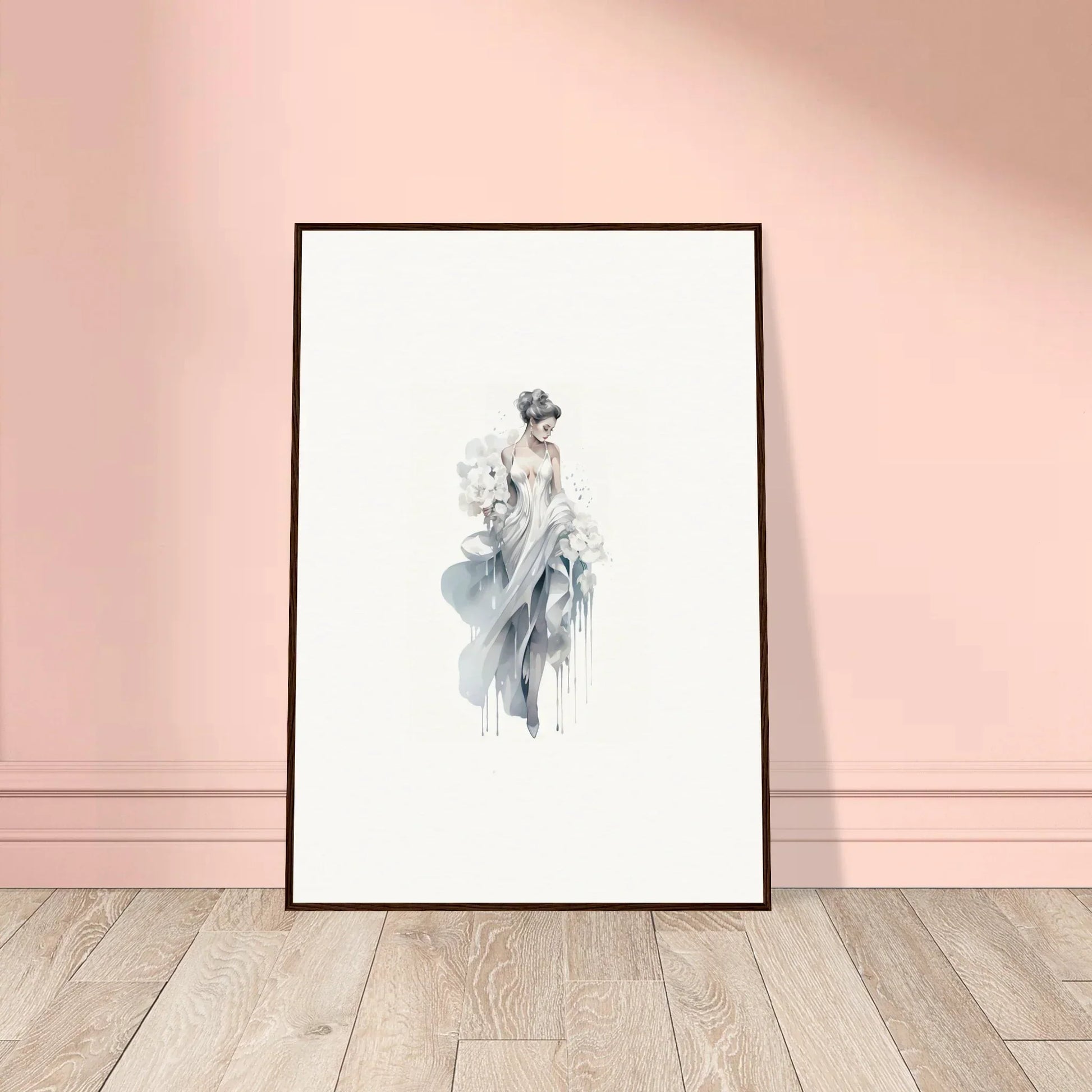 Black-framed artwork of a grayscale watercolor figure sketch for Veiled Melancholia Blossoms