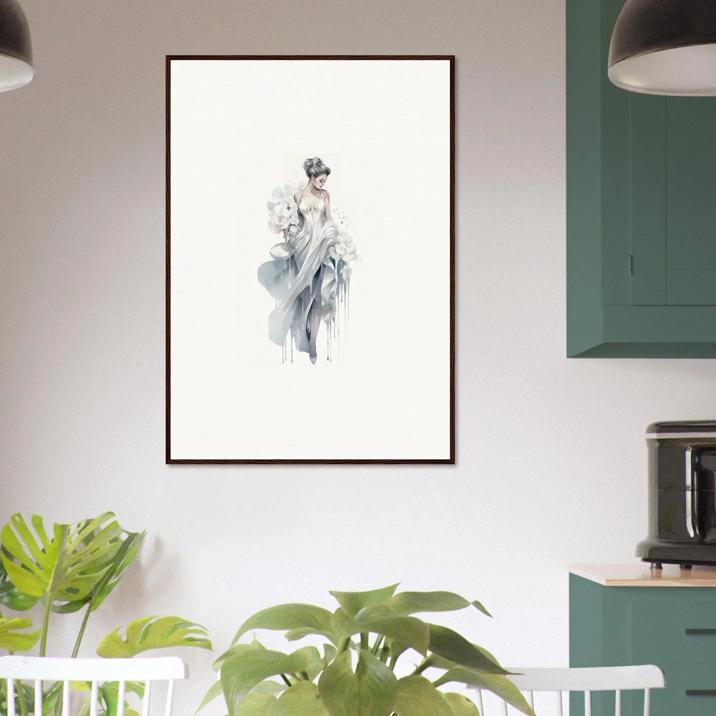 Framed black and white watercolor of an ethereal figure in Veiled Melancholia Blossoms