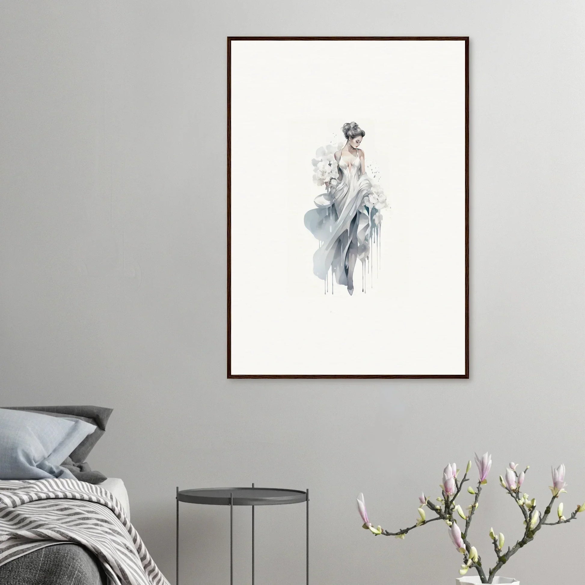 Delicate black and white watercolor of a flowing feminine figure for Veiled Melancholia Blossoms