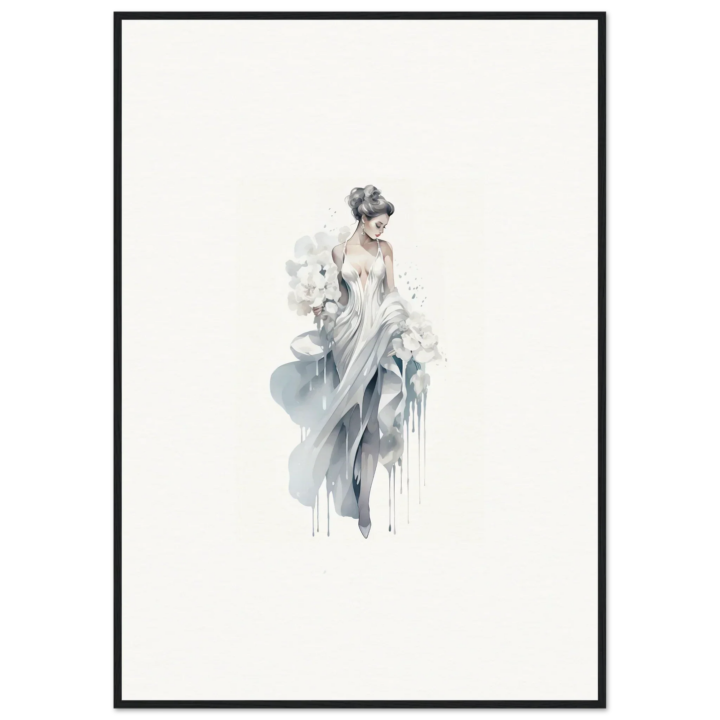 Delicate watercolor figure in blue-gray, showcasing Veiled Melancholia Blossoms art
