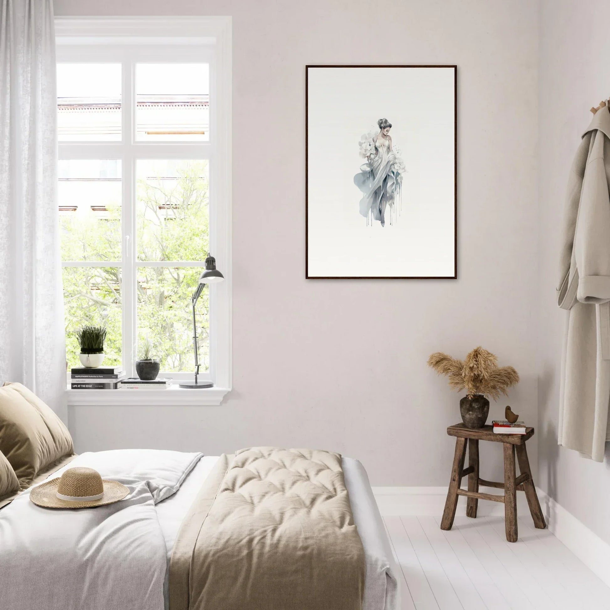 Minimalist bedroom with soft neutral tones and Veiled Melancholia Blossoms artwork