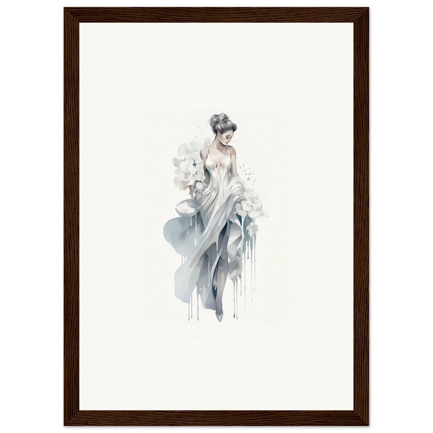 Delicate watercolor art of a woman in flowing fabric for Veiled Melancholia Blossoms