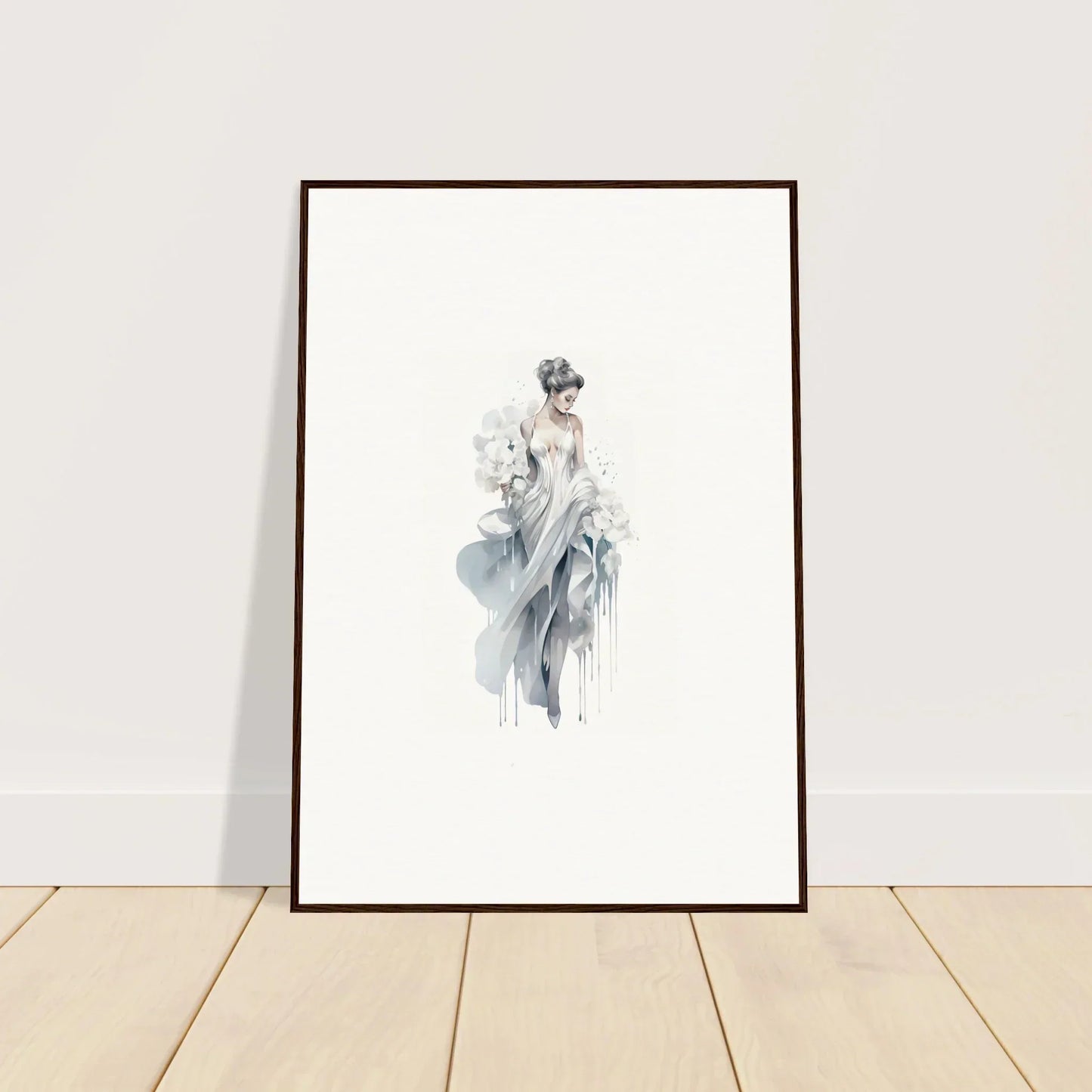 Framed watercolor art of a figure in soft blue-gray for Veiled Melancholia Blossoms