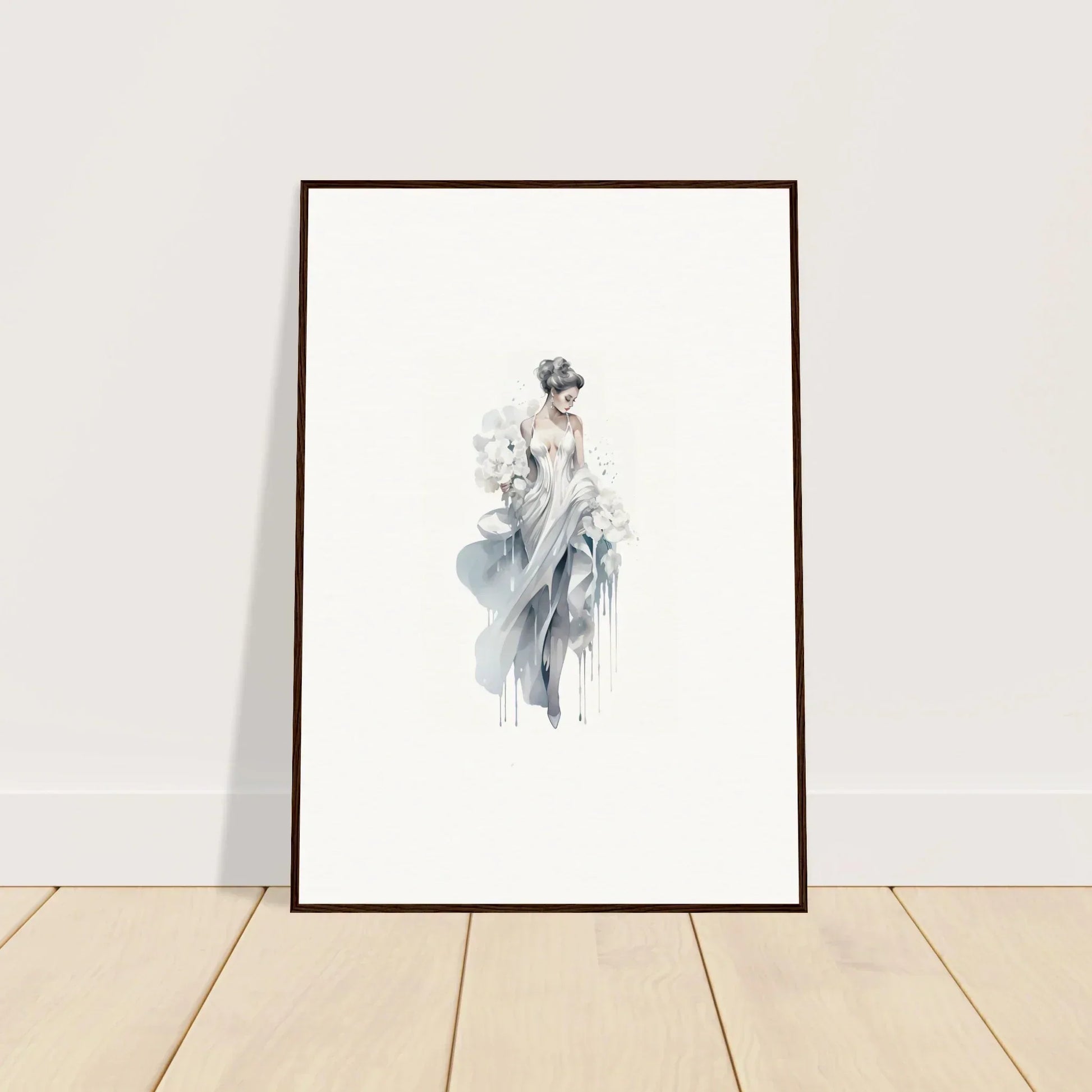 Framed watercolor art of a figure in soft blue-gray for Veiled Melancholia Blossoms