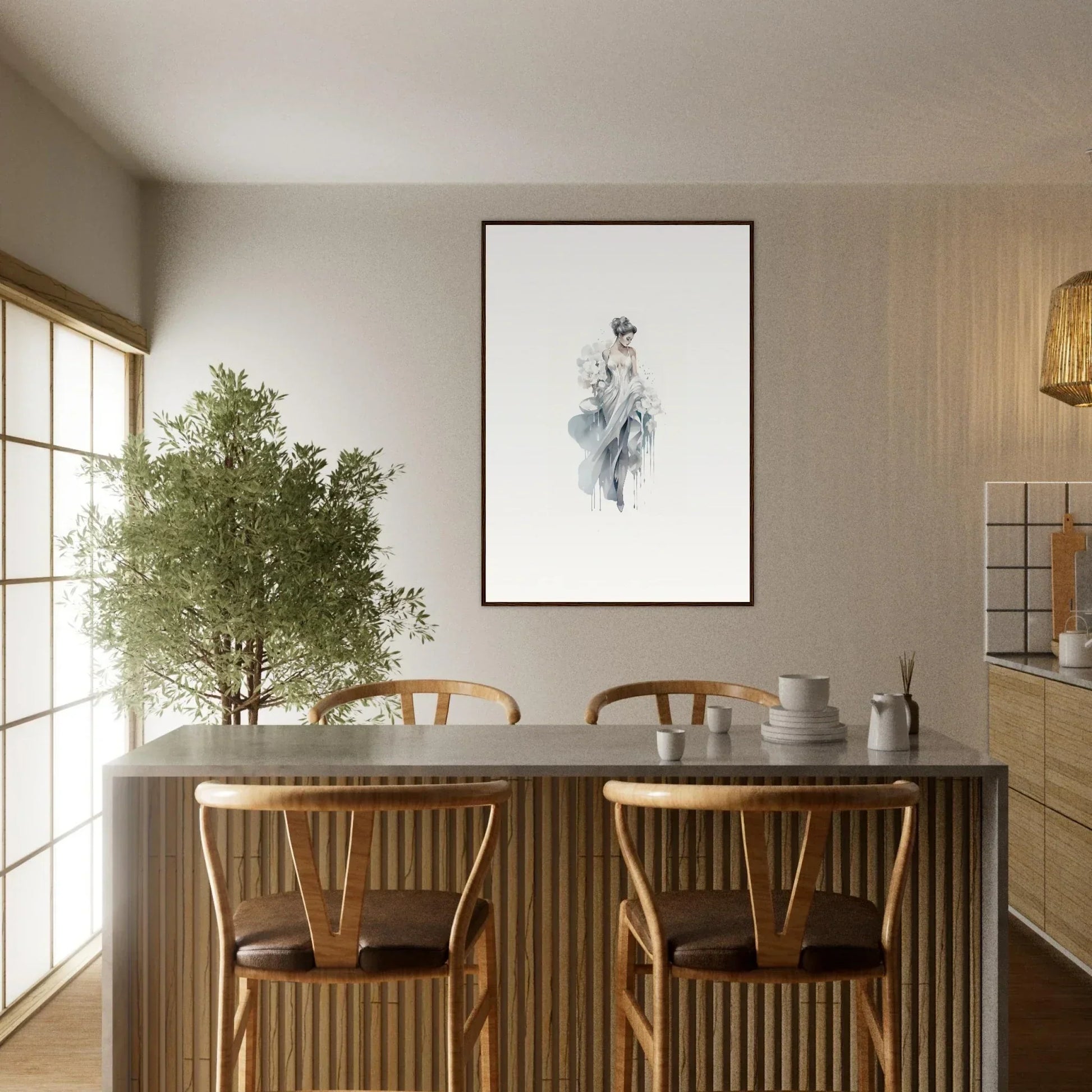 Minimalist dining table with wooden chairs and a potted tree featuring Veiled Melancholia Blossoms