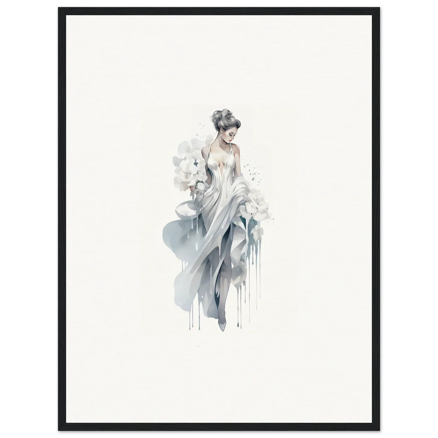 Delicate watercolor of a graceful figure in Veiled Melancholia Blossoms art