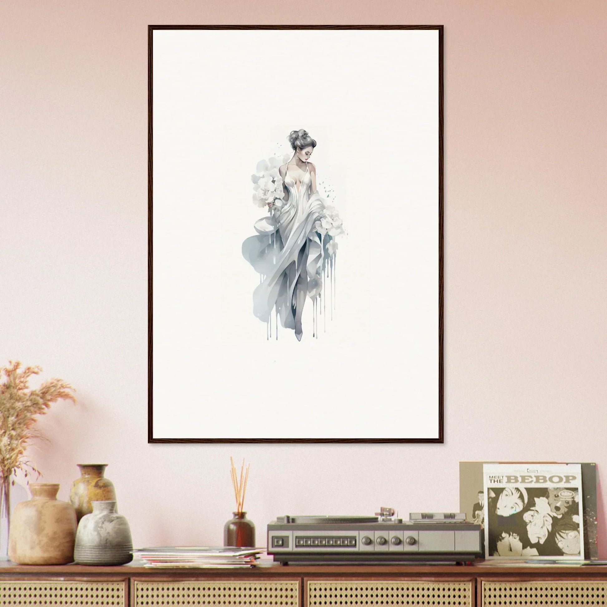 Framed watercolor of an elegant figure in flowing dress from Veiled Melancholia Blossoms