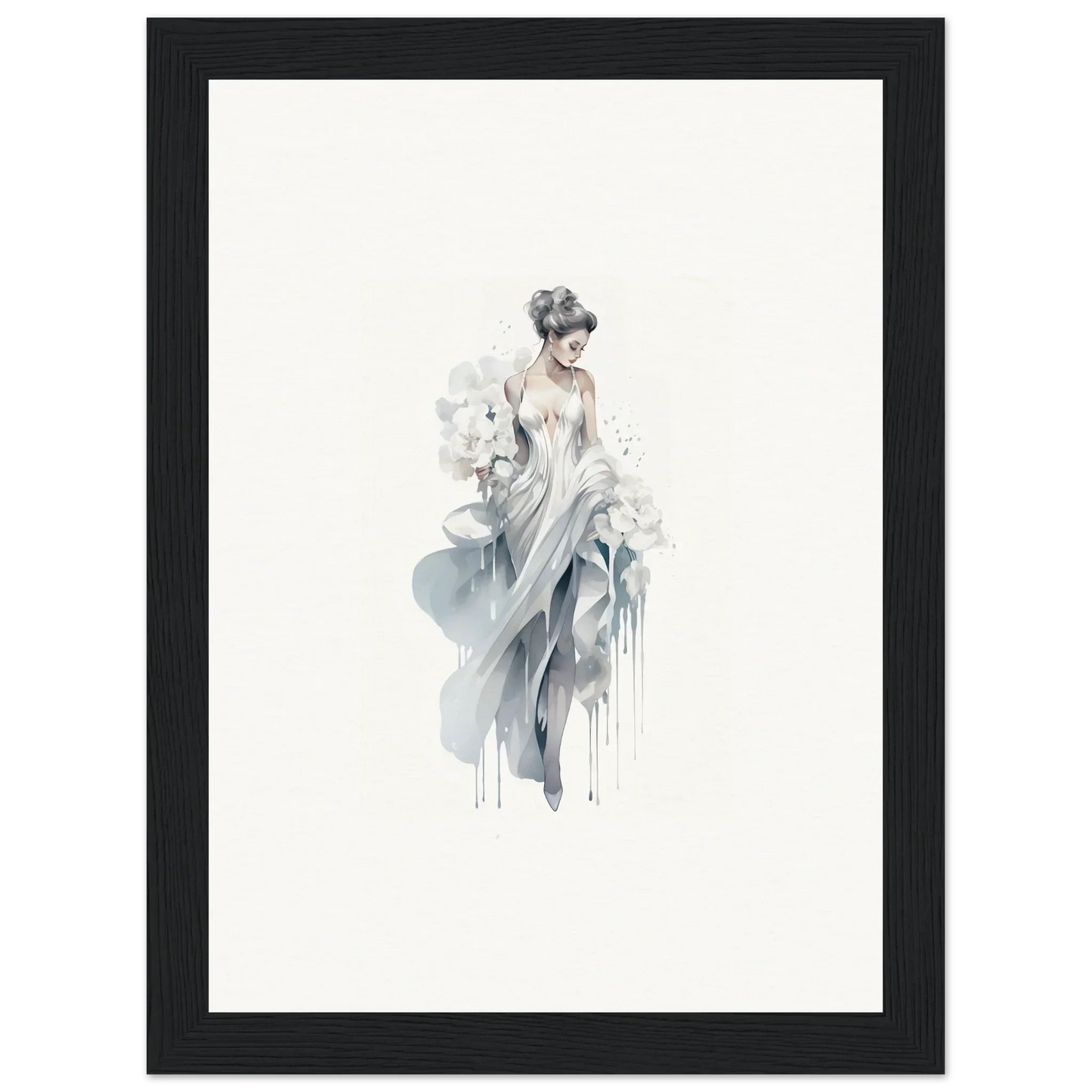 Delicate watercolor of a figure in flowing fabric with Veiled Melancholia Blossoms