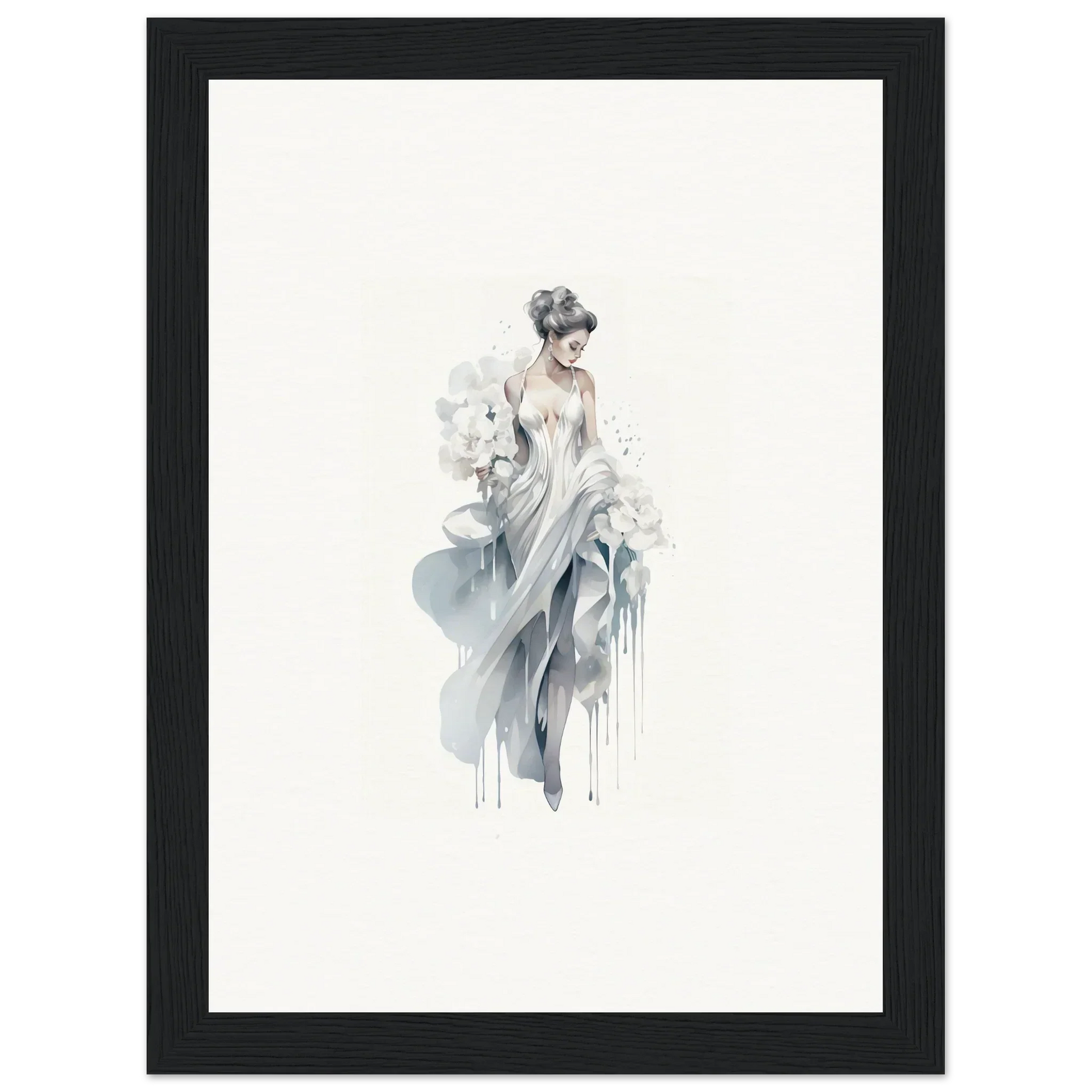 Delicate watercolor of a figure in flowing fabric with Veiled Melancholia Blossoms