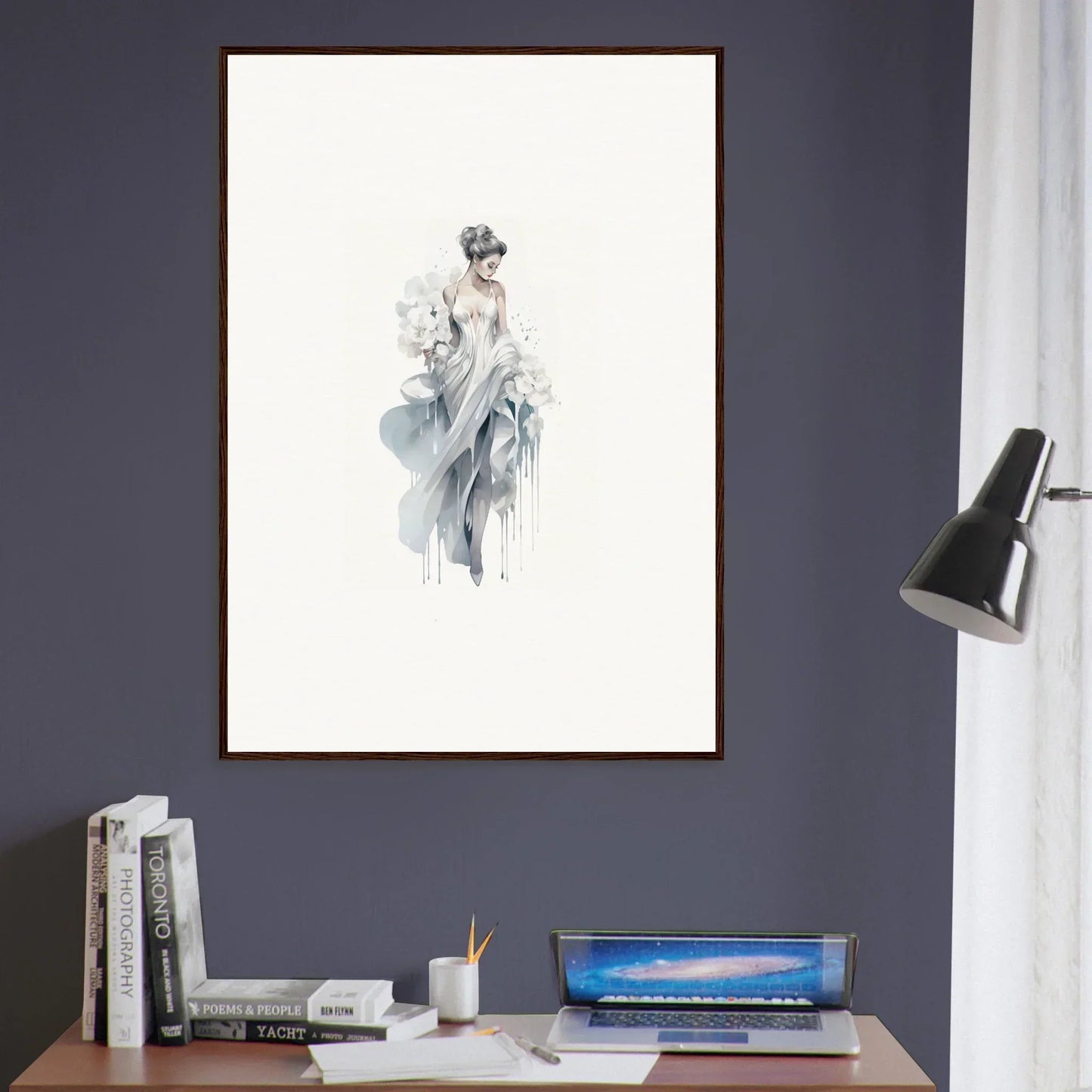 Watercolor art of a figure in blue-gray robes for Veiled Melancholia Blossoms
