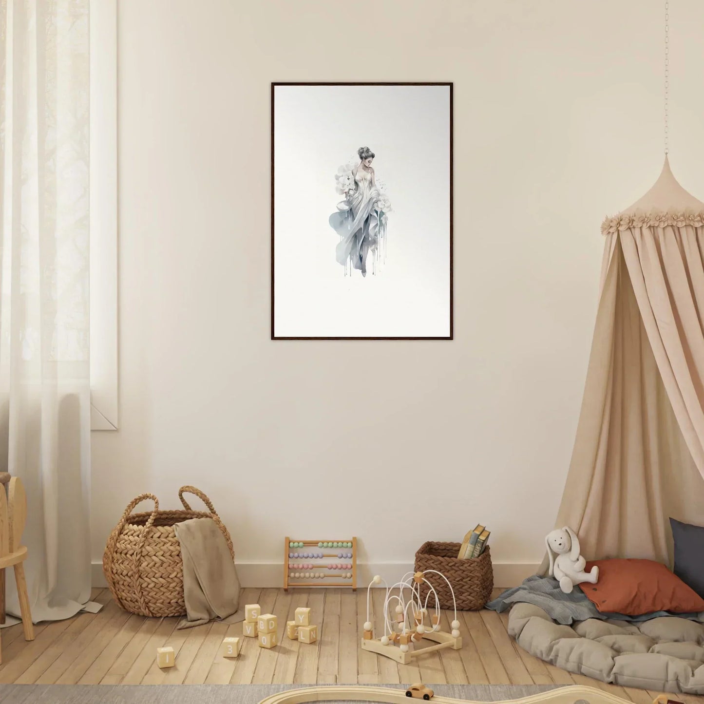Framed black and white watercolor of a floating figure for Veiled Melancholia Blossoms
