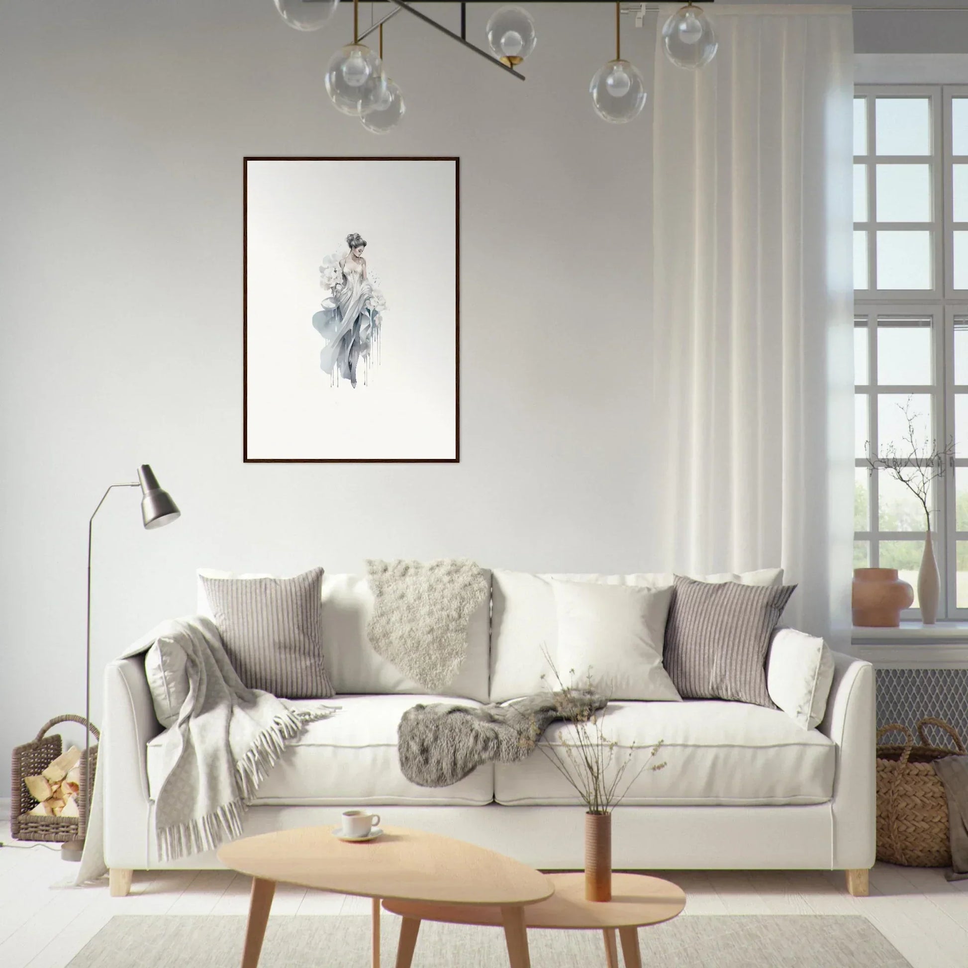 Stylish white sofa with gray and cream pillows featuring Veiled Melancholia Blossoms