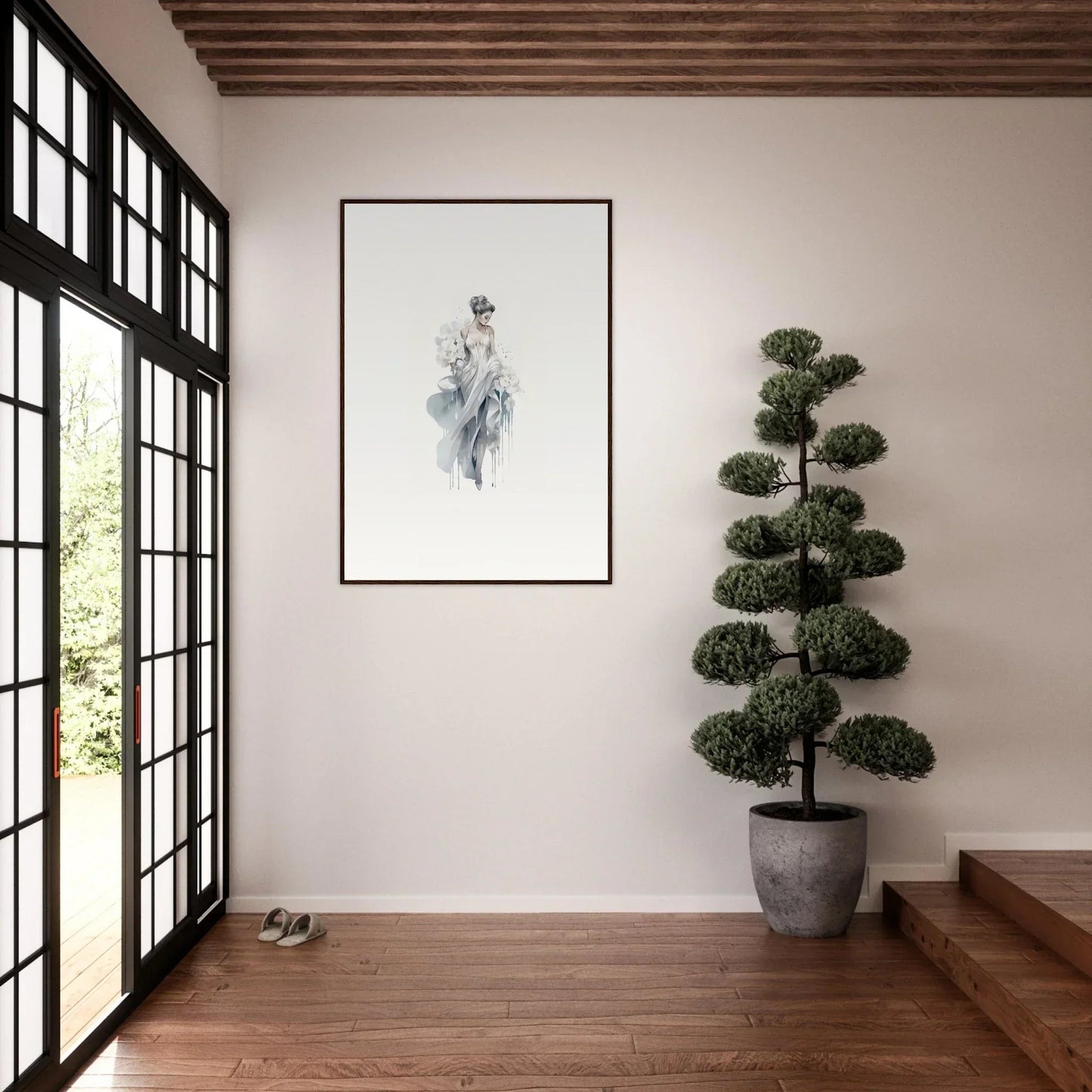 Minimalist interior with Japanese sliding doors and Veiled Melancholia Blossoms artwork