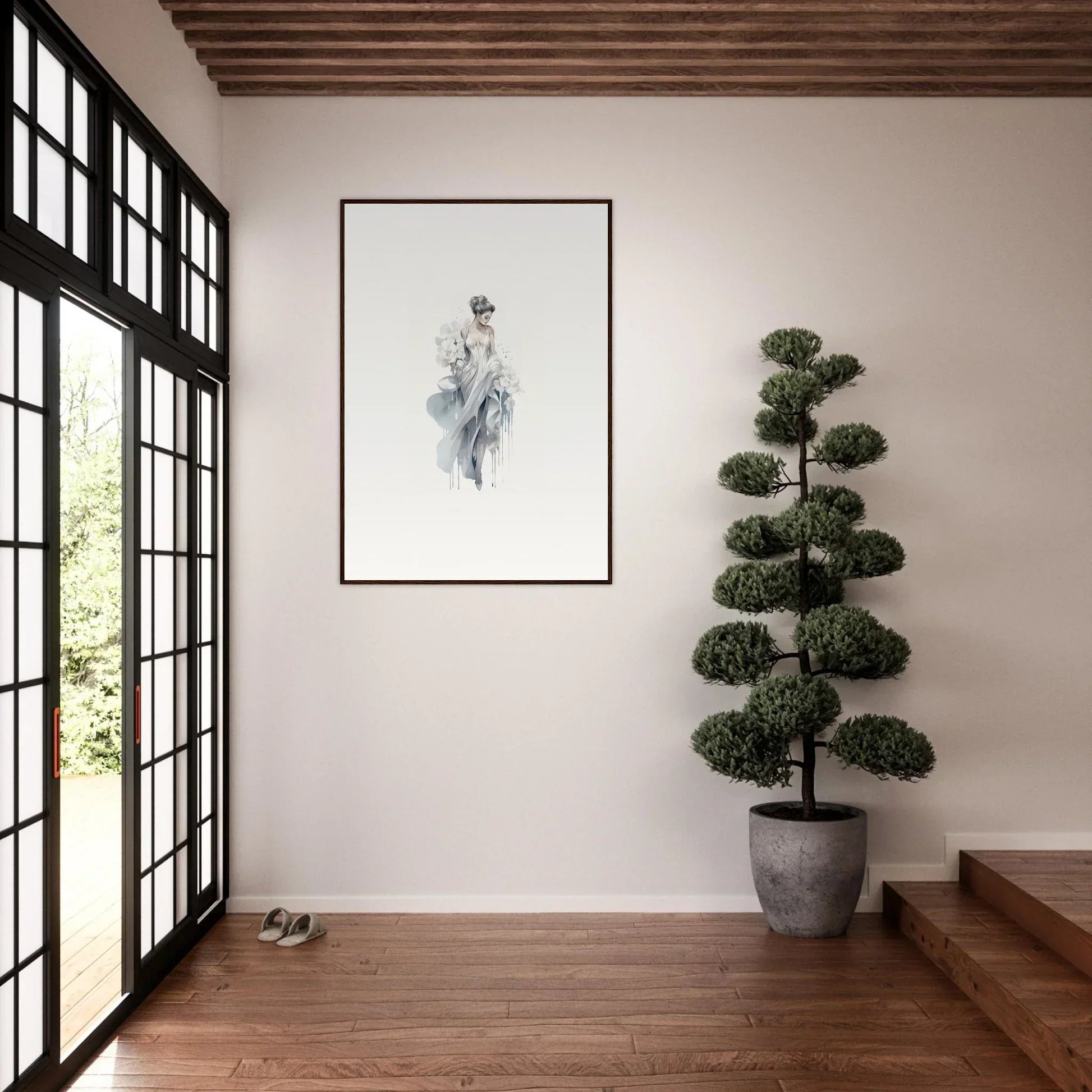 Minimalist interior with Japanese sliding doors and Veiled Melancholia Blossoms artwork