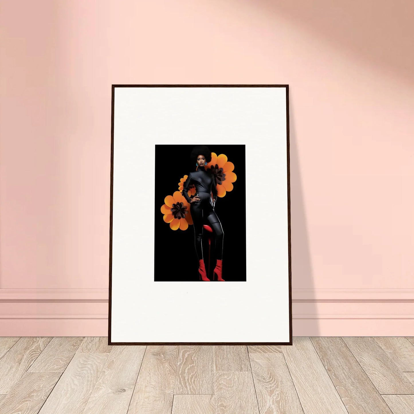 Framed Canvas Print featuring Blossom Elegy with vibrant orange flowers on dark backdrop