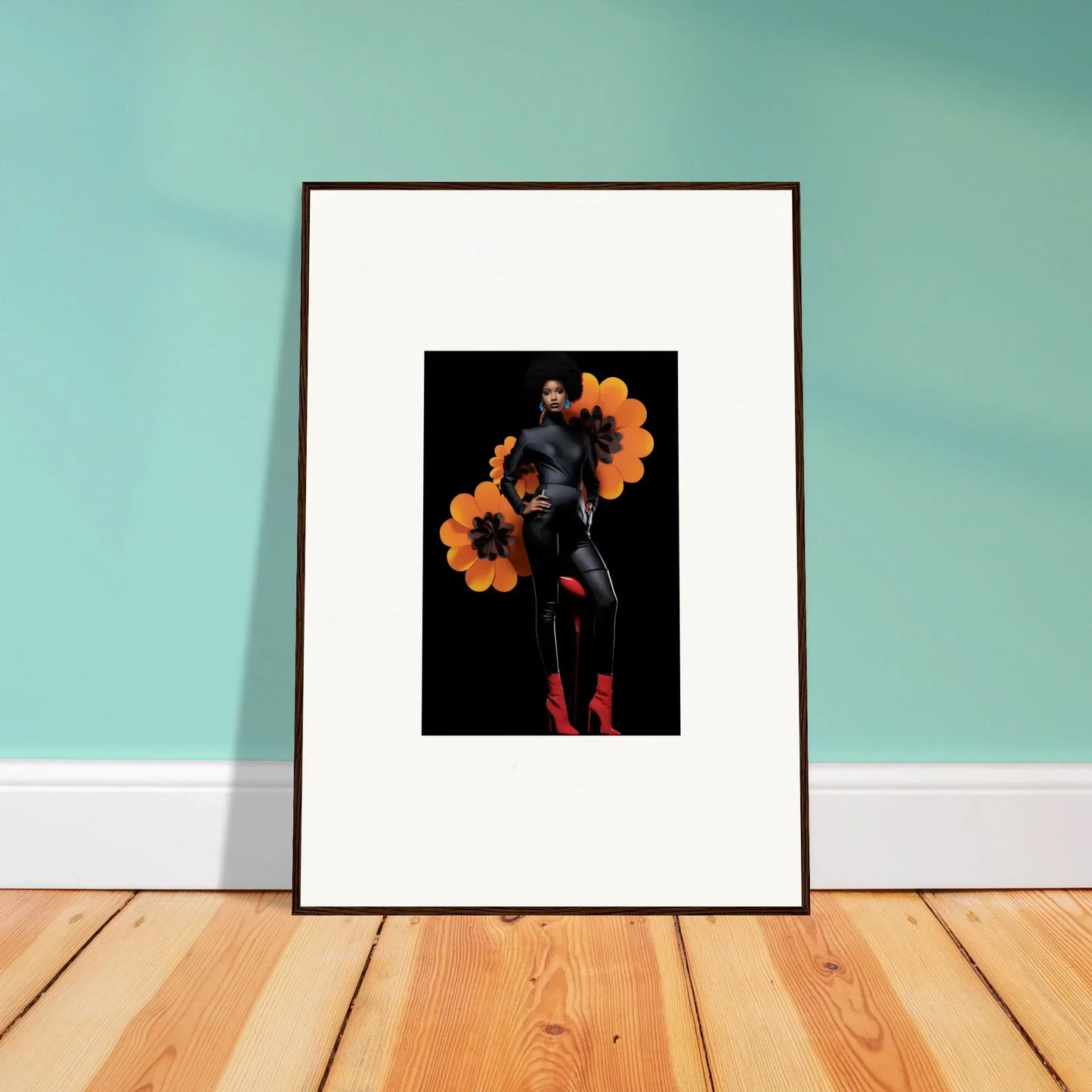 Framed canvas print of Velvet Blossom Elegy with dark figure and orange flowers