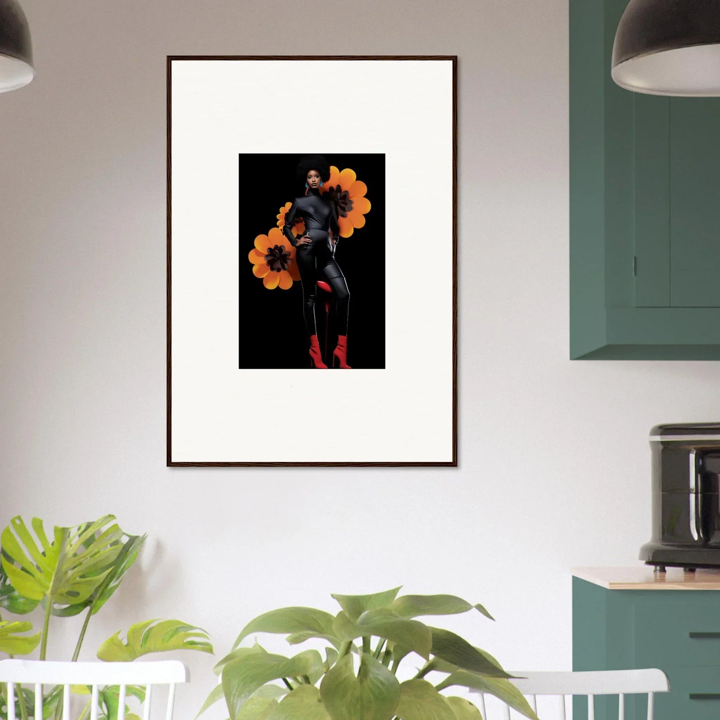Framed canvas print of a dark figure and orange blossoms for stylish room decoration