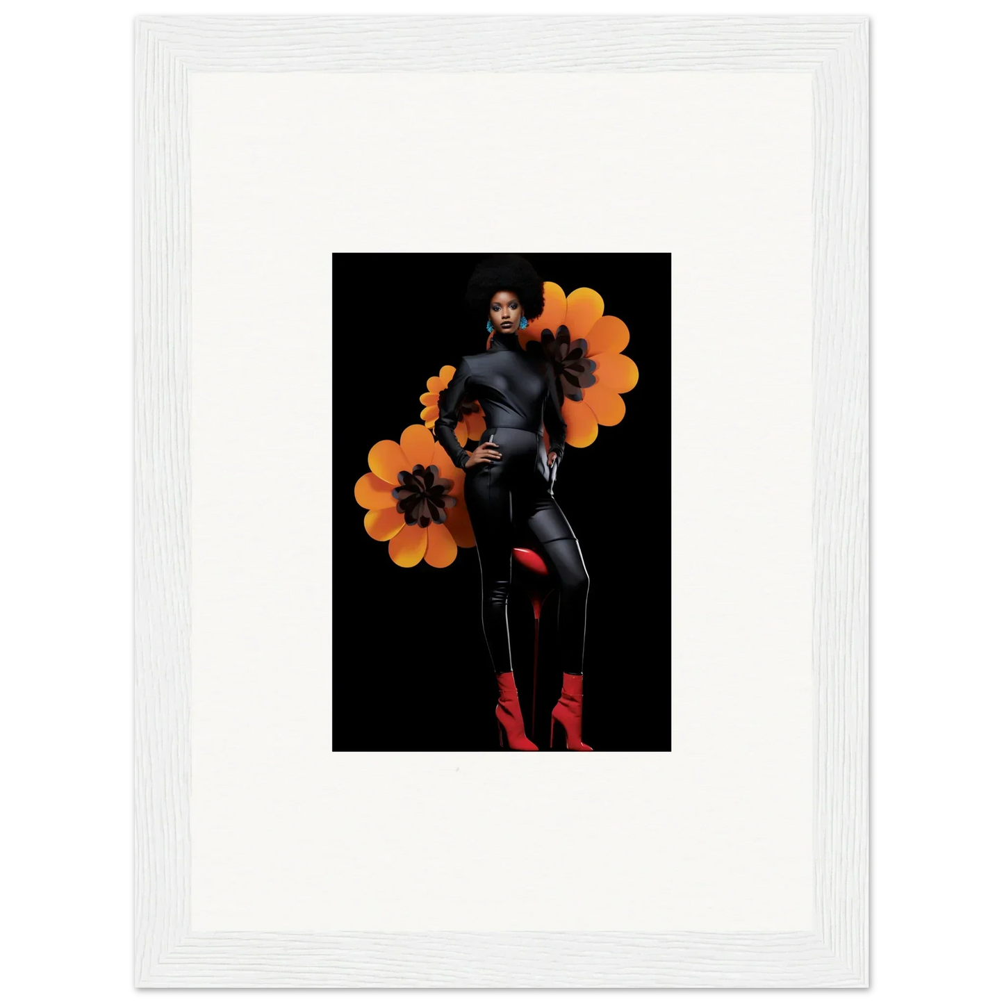 Framed canvas print of a person with orange flowers for a stylish room decoration