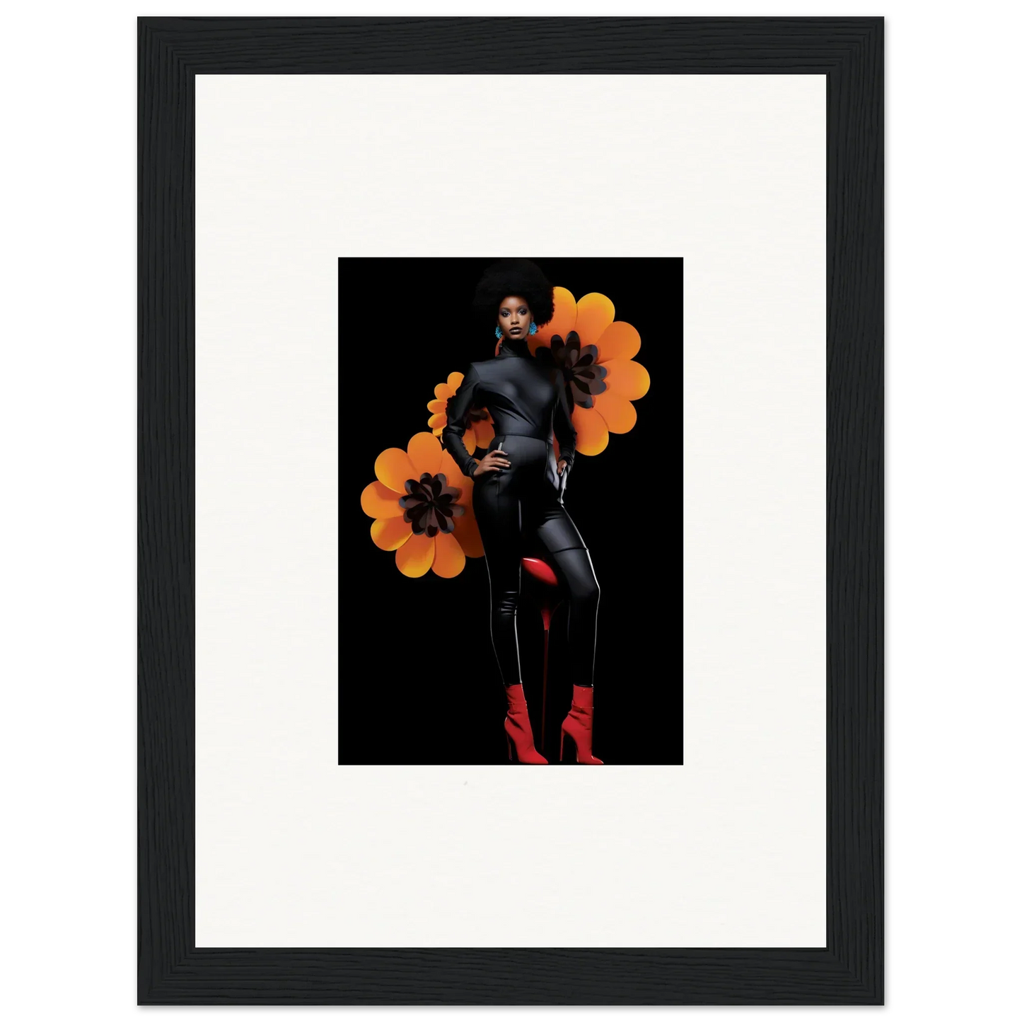 Framed photo of a woman with orange flowers for a stylish Blossom Elegy canvas print