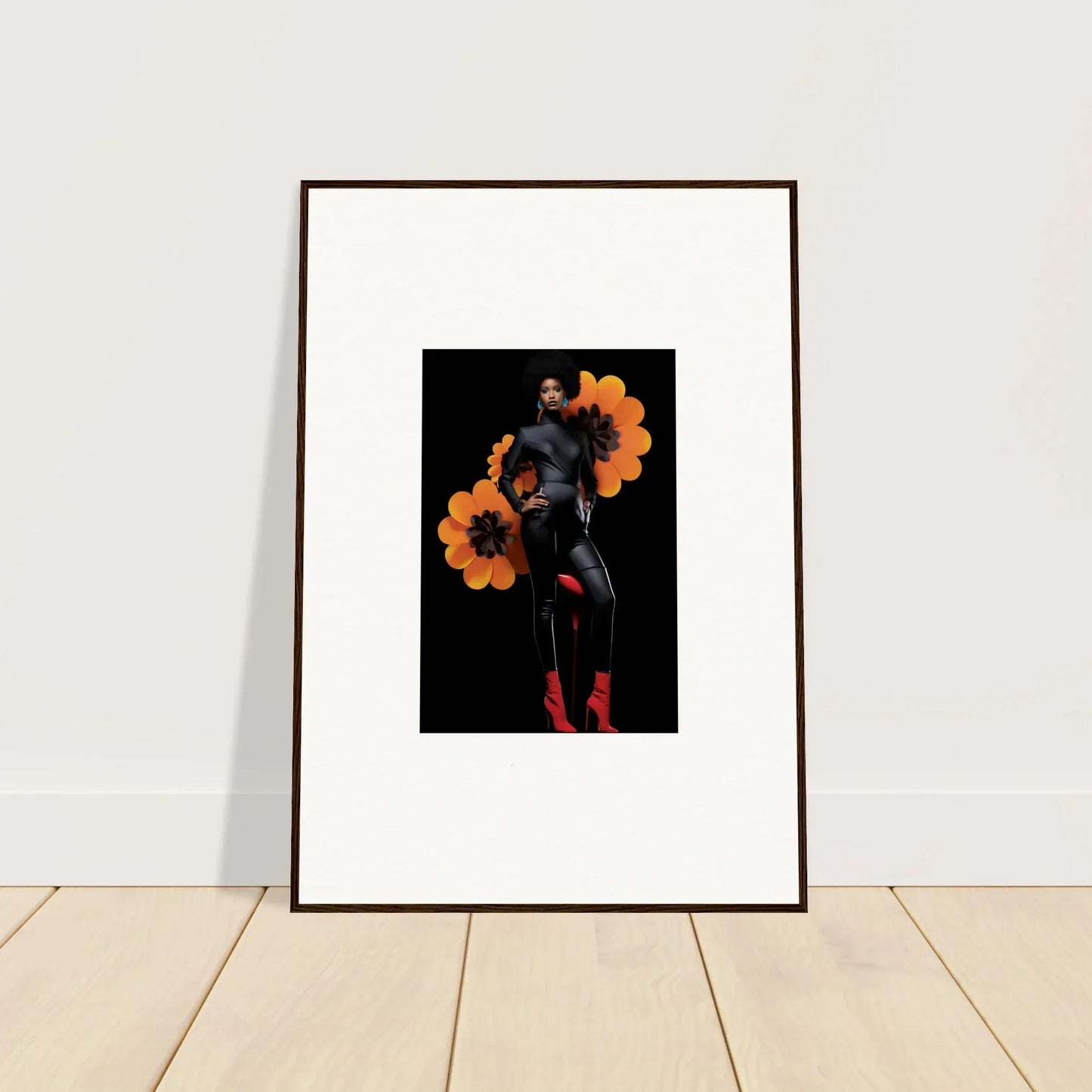 Framed canvas print of Blossom Elegy featuring a figure in dark surrounded by orange flames