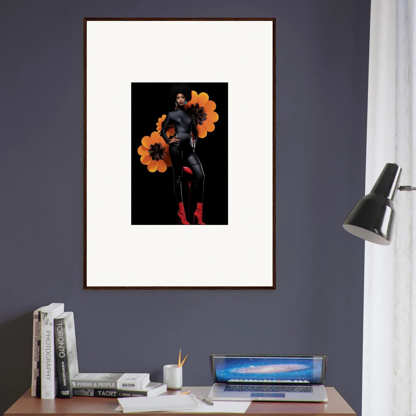 Framed canvas print of Blossom Elegy with dark figure and orange circles for room decoration