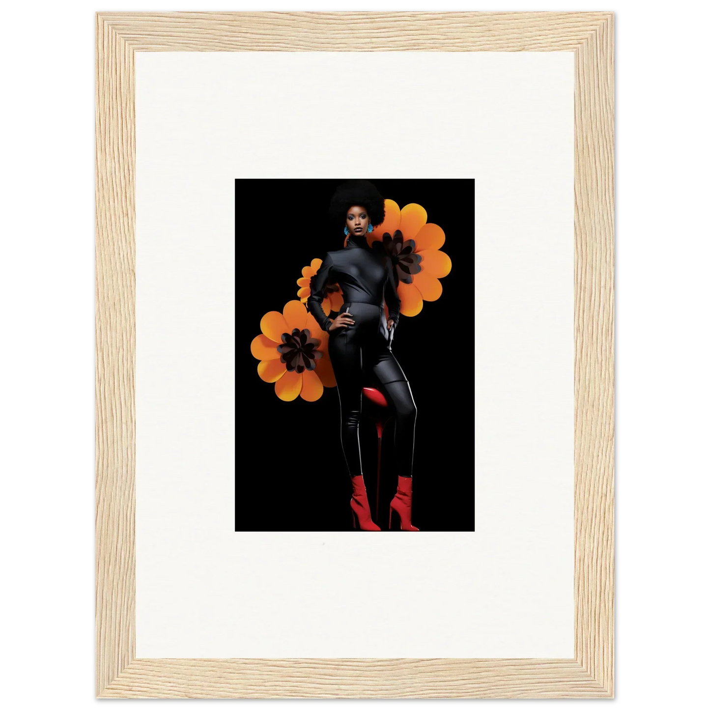 Framed photo of a dramatic pose with orange flower shapes for Blossom Elegy room decoration