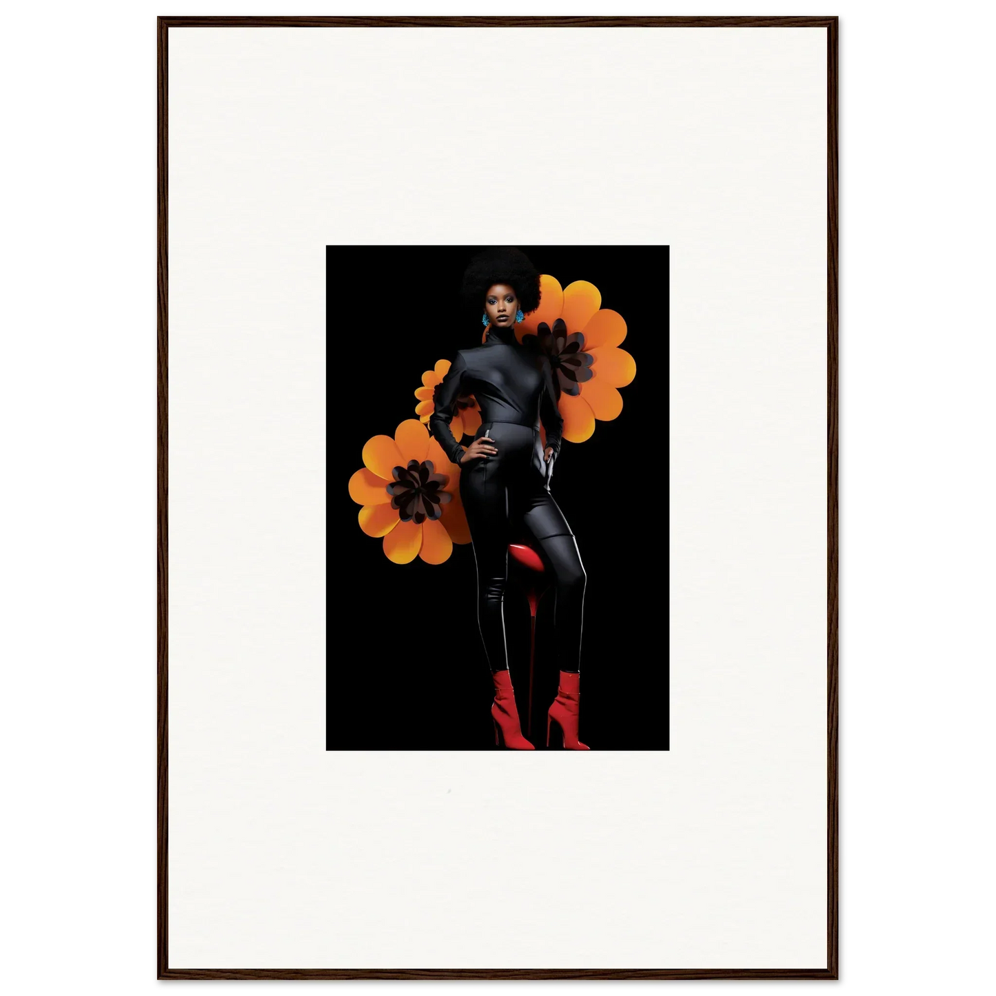 Framed canvas print of Blossom Elegy with person and orange flower shapes on dark background