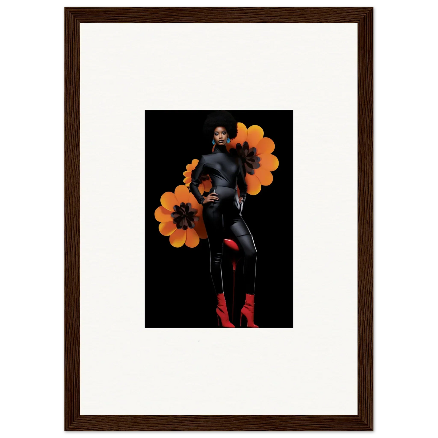 Framed canvas print of woman with orange flowers, perfect for Blossom Elegy room decoration