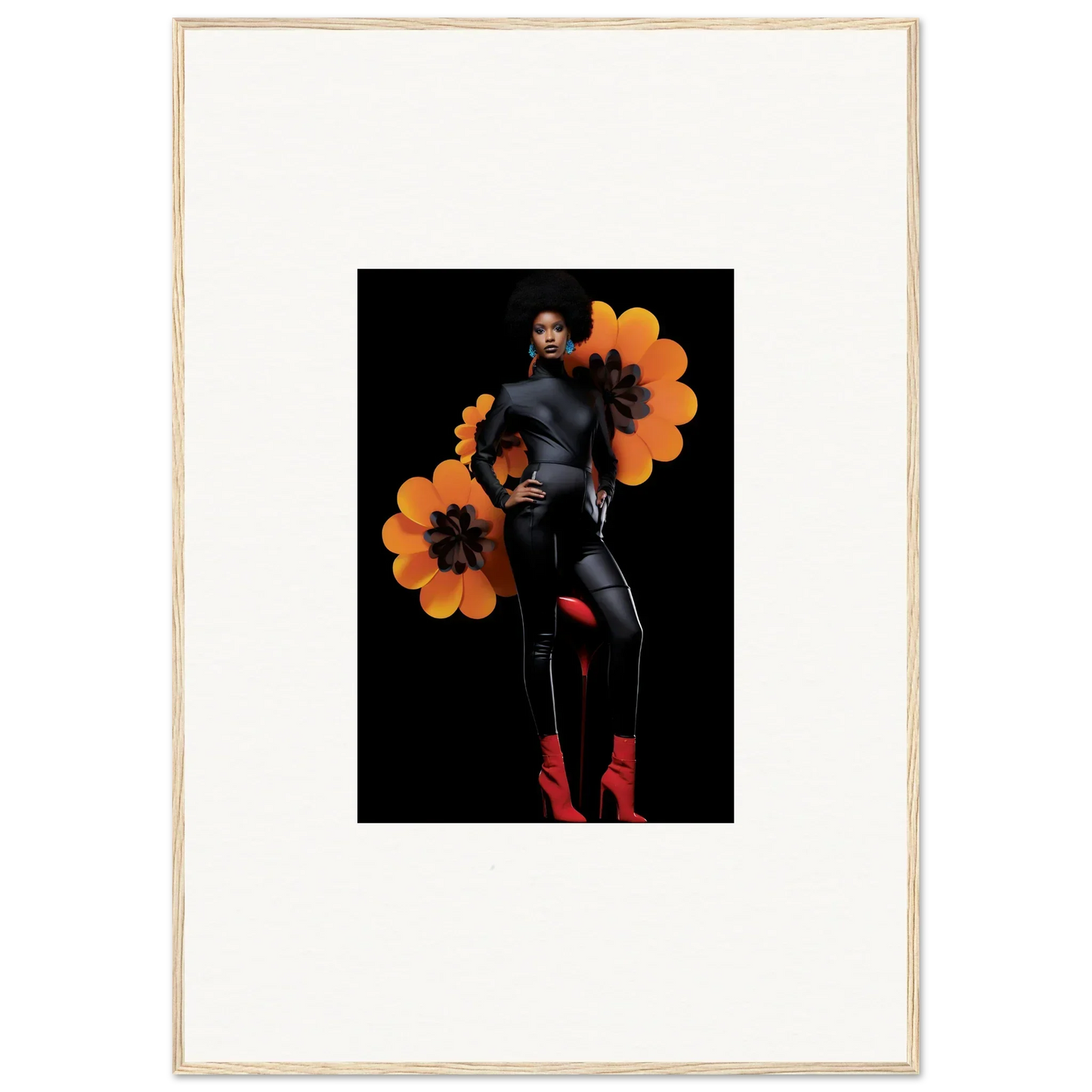 Stylized portrait of a person in black with orange flowers for Blossom Elegy canvas print