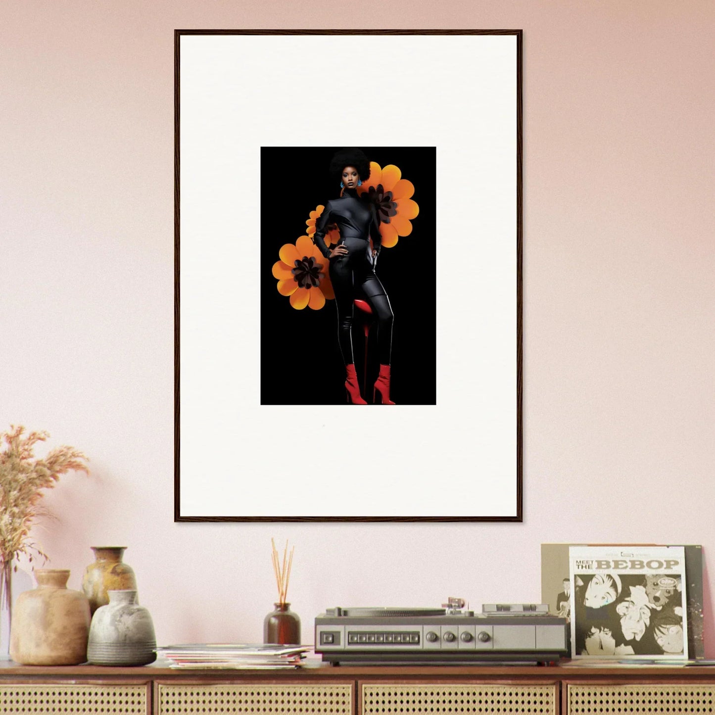Framed canvas print of Blossom Elegy with dark figure and orange flowers for room decoration