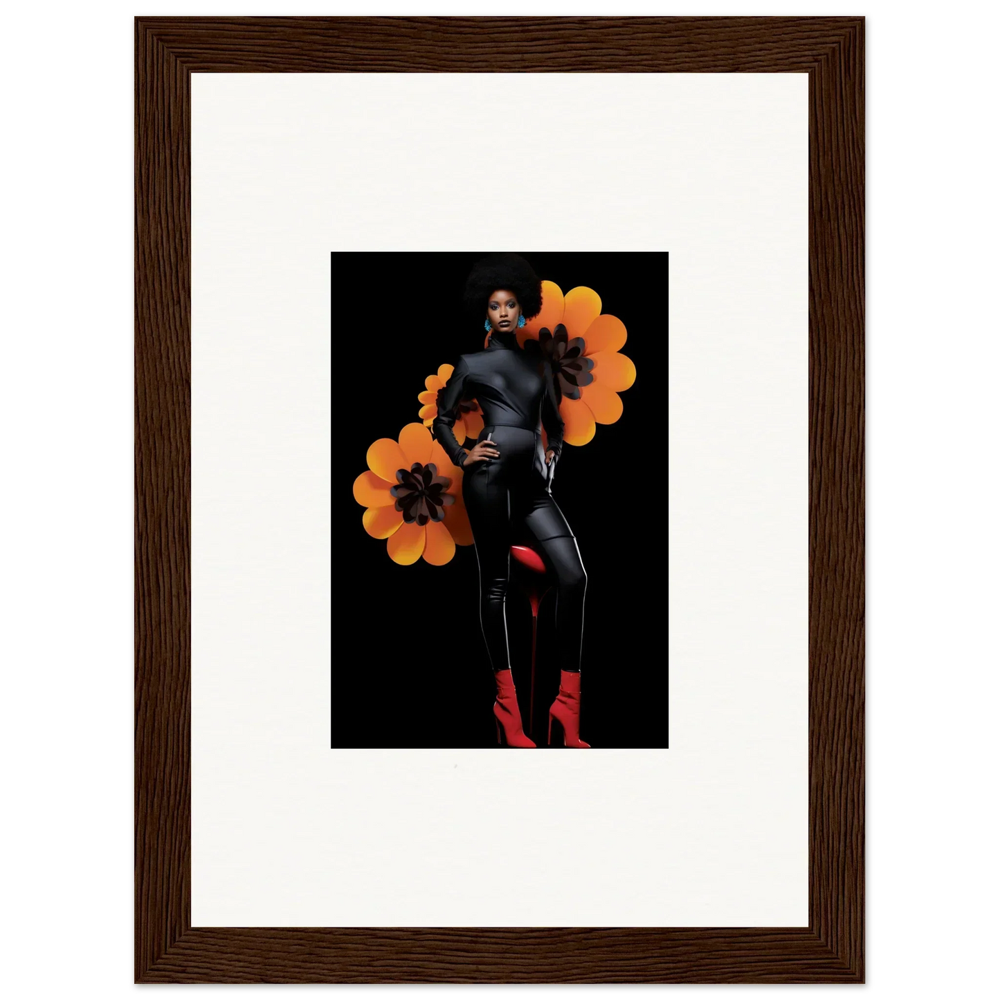 Framed canvas print of a woman in black with vibrant orange blossoms for room decoration