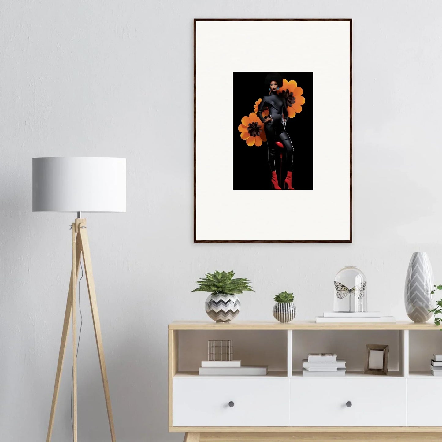 Framed Velvet Blossom Elegy canvas print with dark silhouette and orange flowers for room decoration