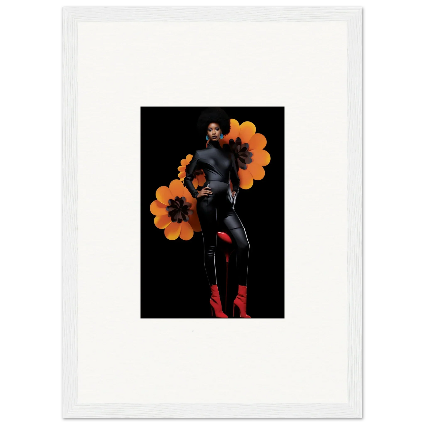 Stylized portrait for Blossom Elegy canvas print with orange flowers on dark background
