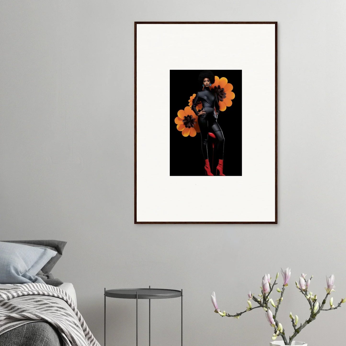 Framed canvas print of Blossom Elegy with silhouetted figure and orange florals