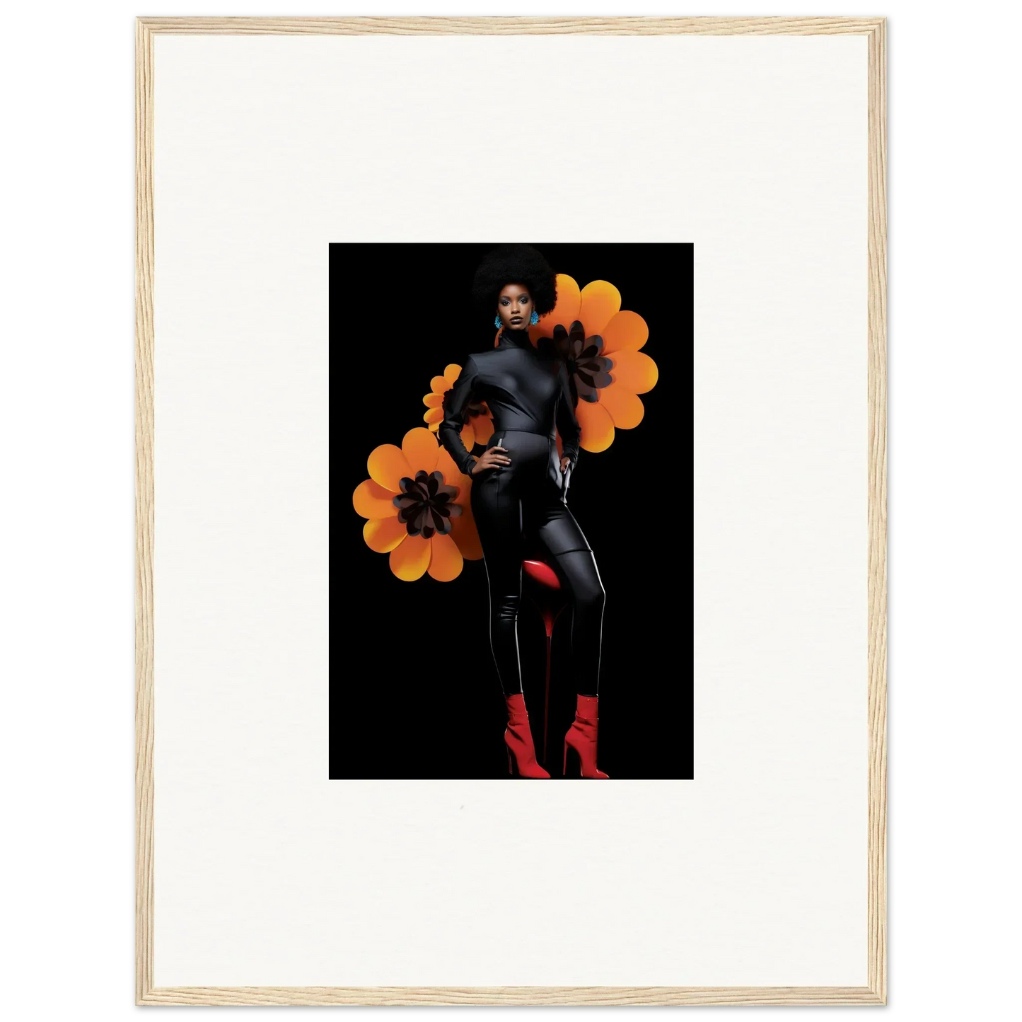 Framed canvas print of Velvet Blossom Elegy with a person in black and flowers