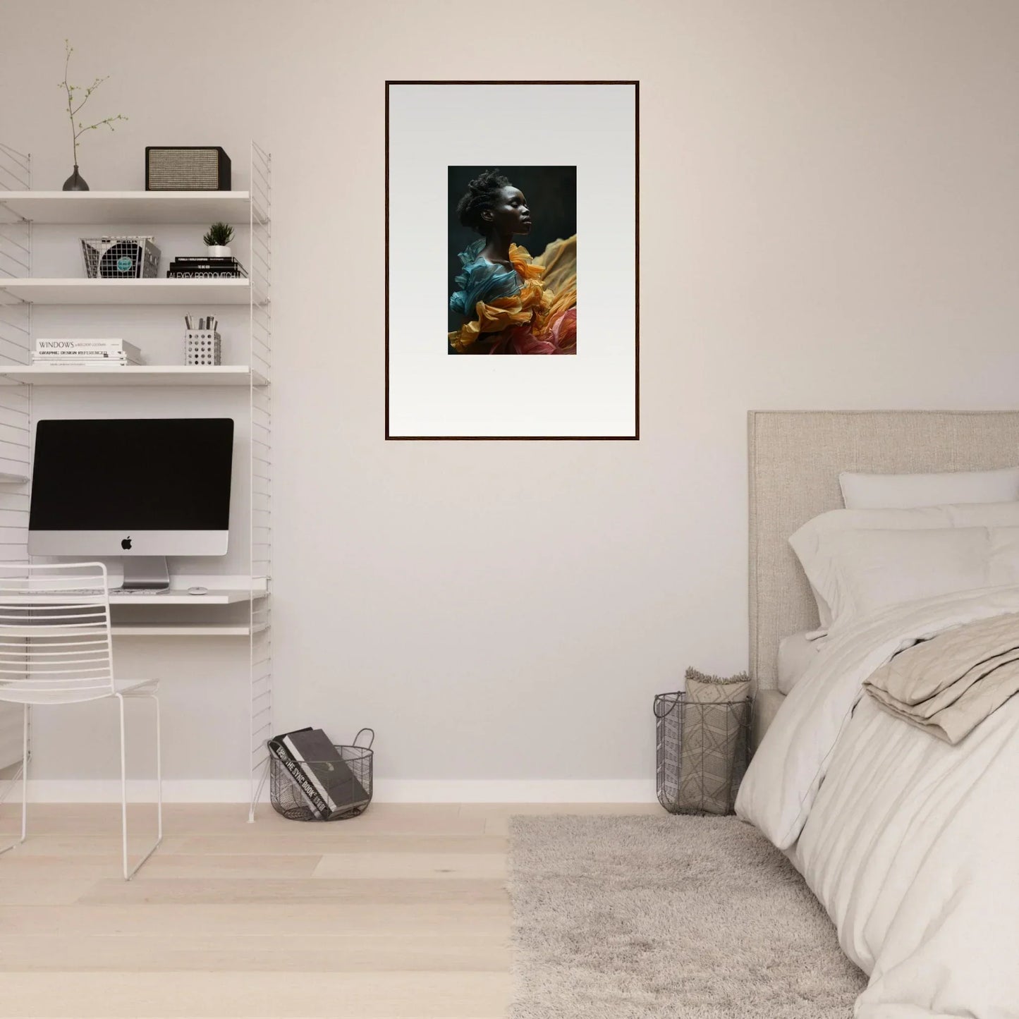 Framed artwork depicting a cosmic scene with a figure against a colorful nebula background.
