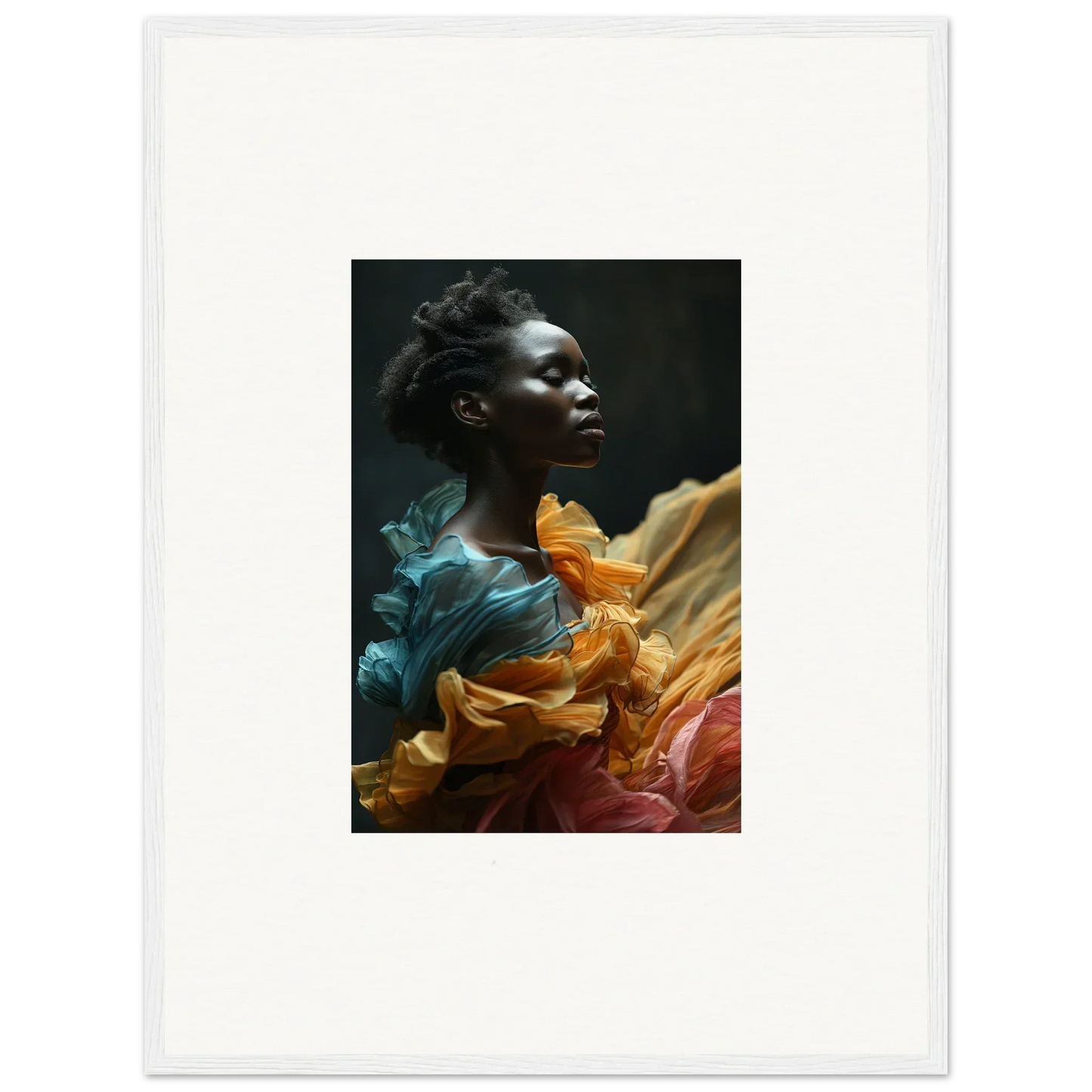 Portrait of a person with dark skin wearing vibrant, flowing fabric in shades of teal, orange, and red.