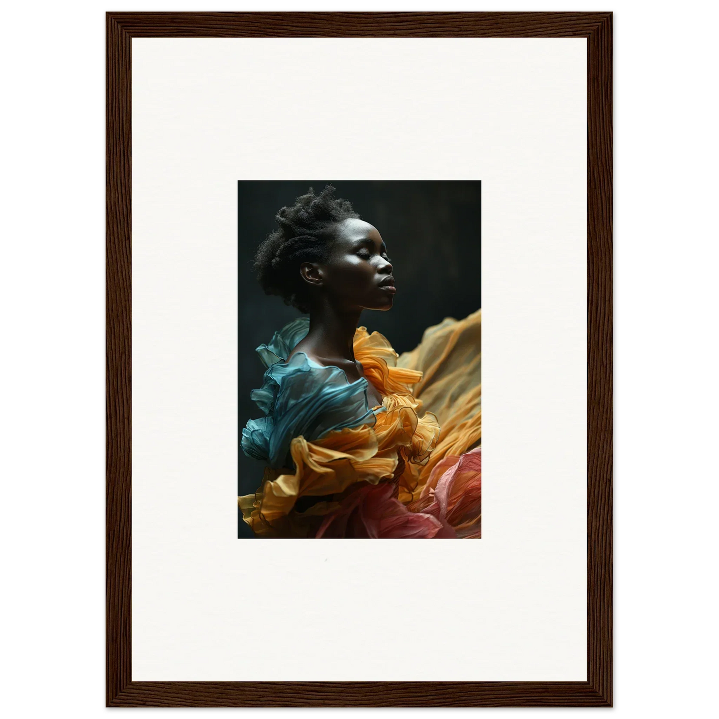 Portrait of a person with vibrant, flowing fabric in teal, orange, and pink hues surrounding them.