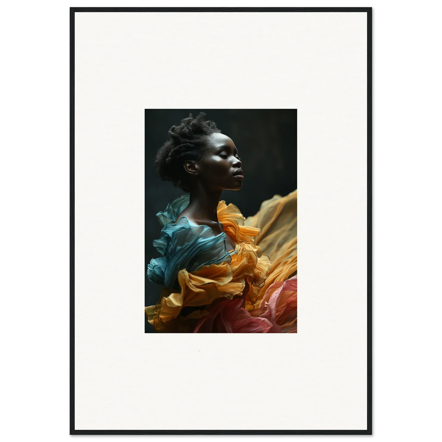 Portrait of a person surrounded by swirling, colorful fabric in teal, orange, and yellow hues.