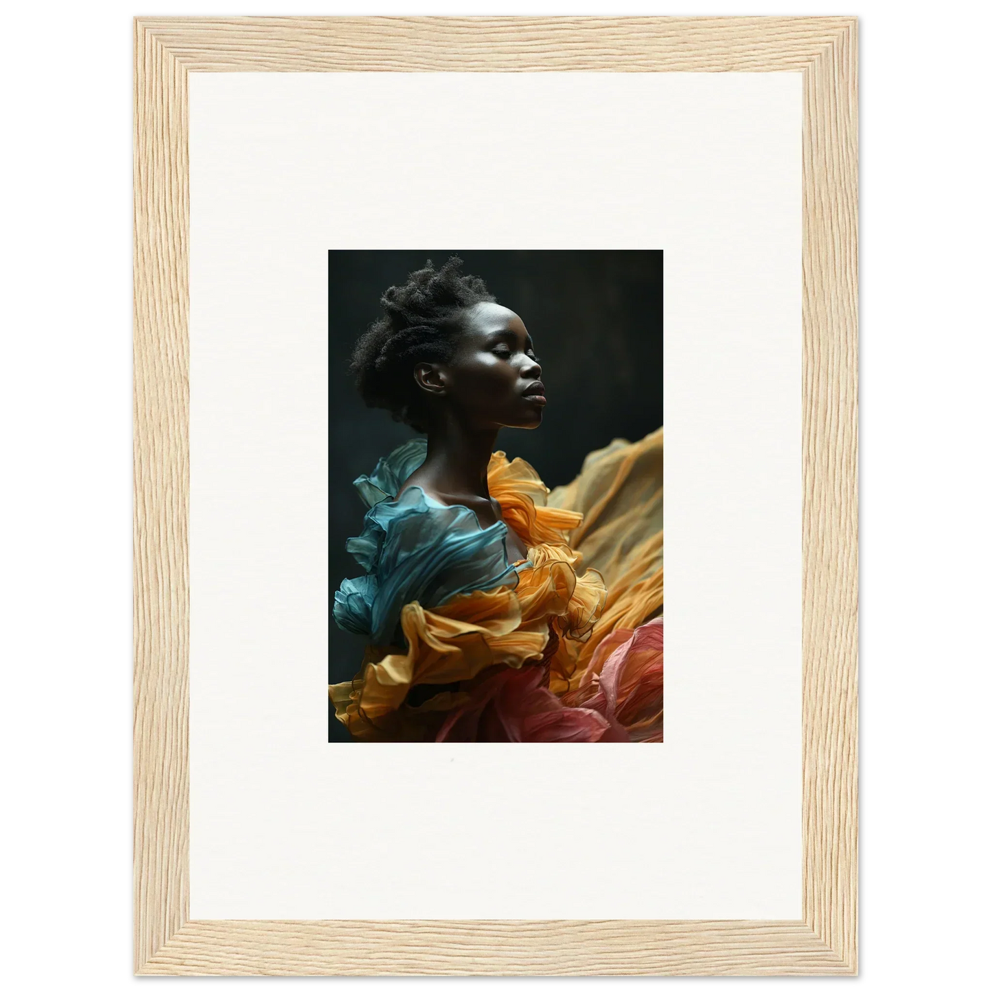 Portrait of a person with dark skin surrounded by vibrant, flowing fabric in teal, orange, and burgundy hues.