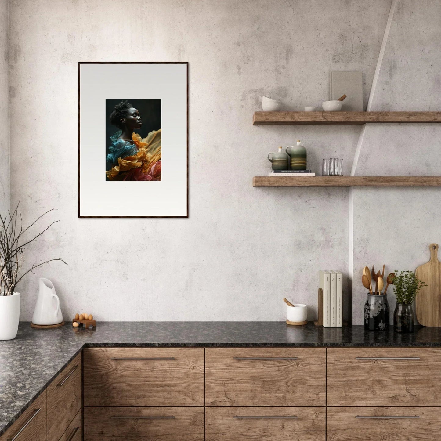 Framed artwork depicting a figure holding golden objects against a dark background.