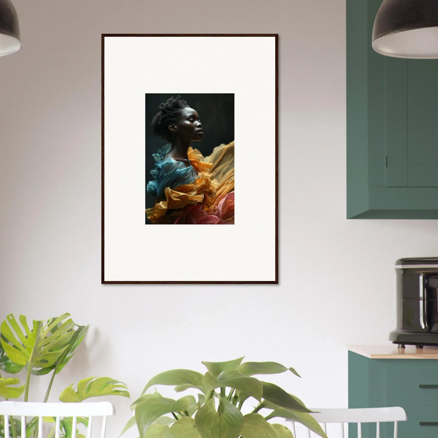 Framed portrait of a person surrounded by vibrant, swirling colors.