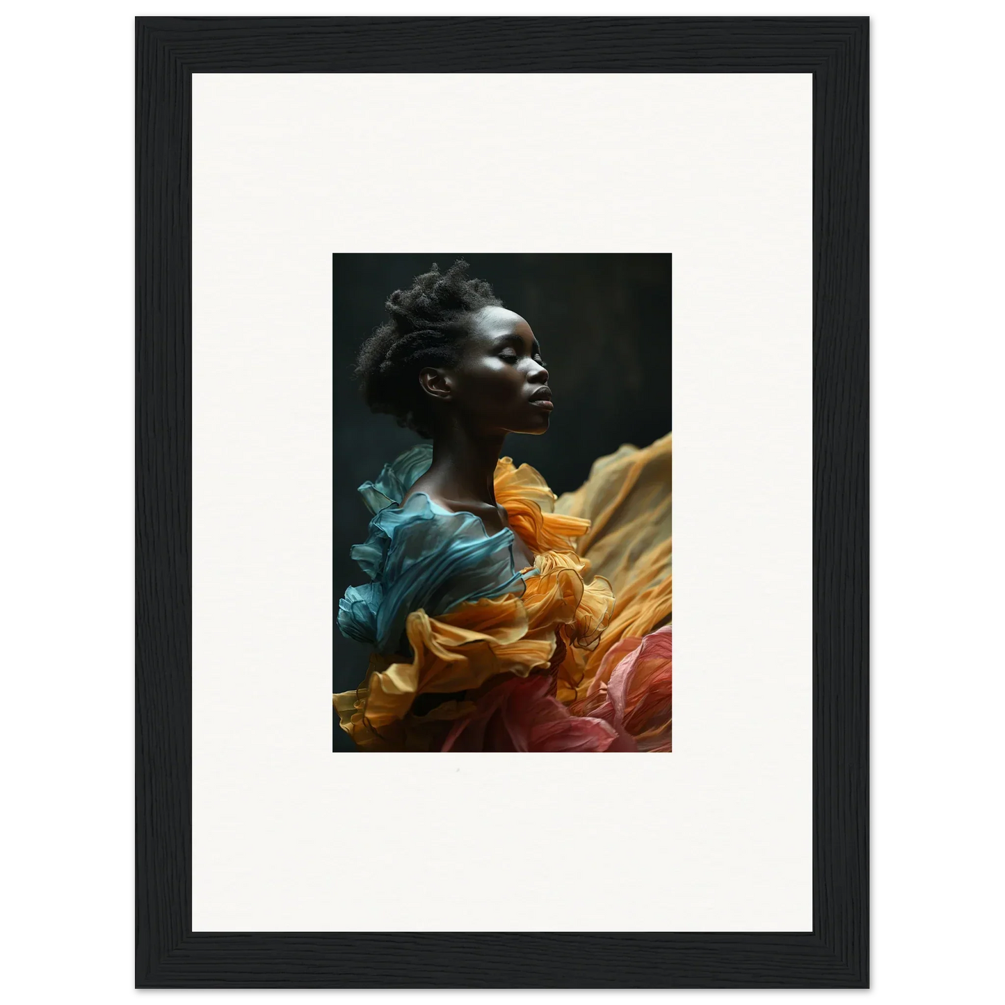 Portrait of a person surrounded by swirling, colorful fabric in teal, orange, and pink hues.
