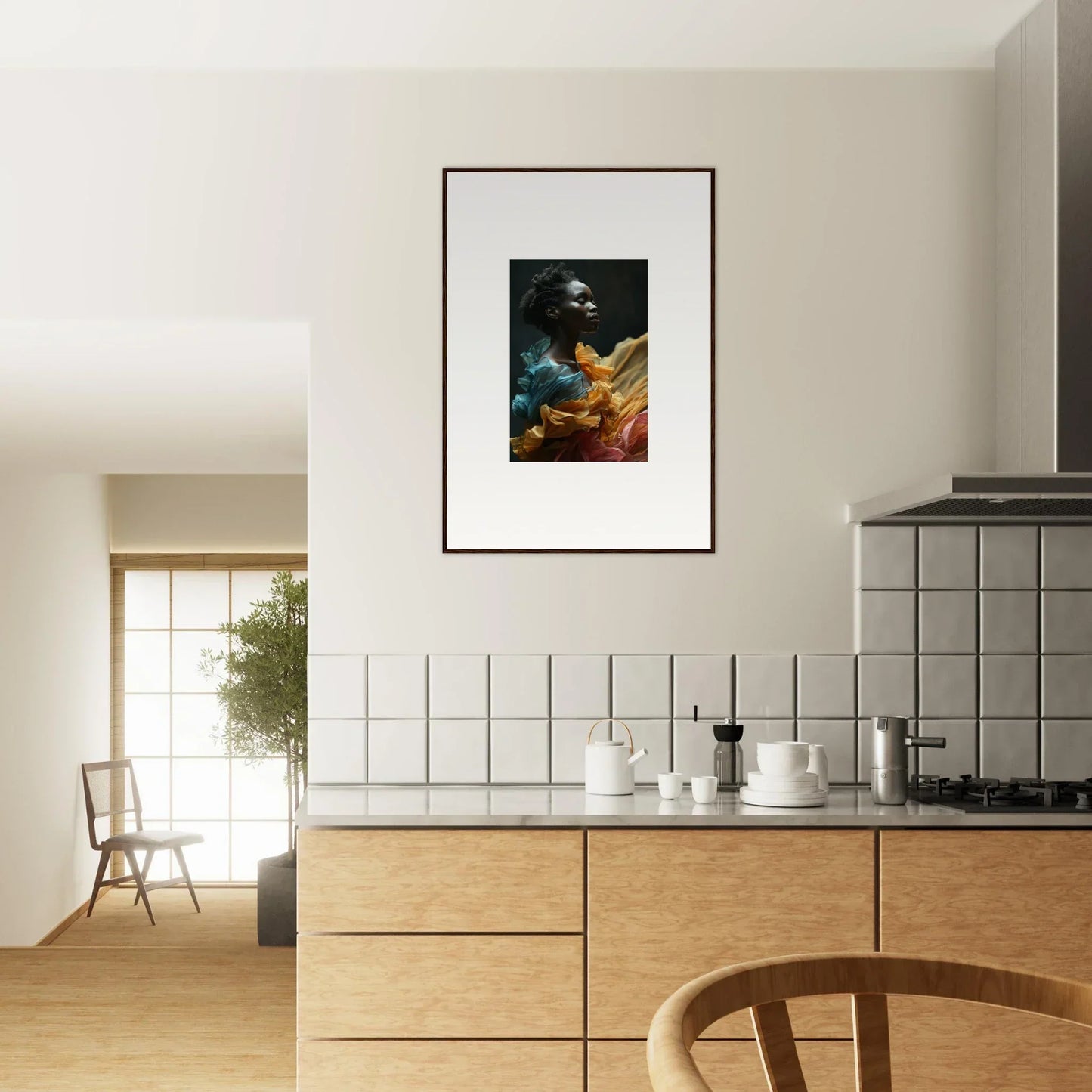 Framed artwork depicting a colorful, abstract cosmic or underwater scene.