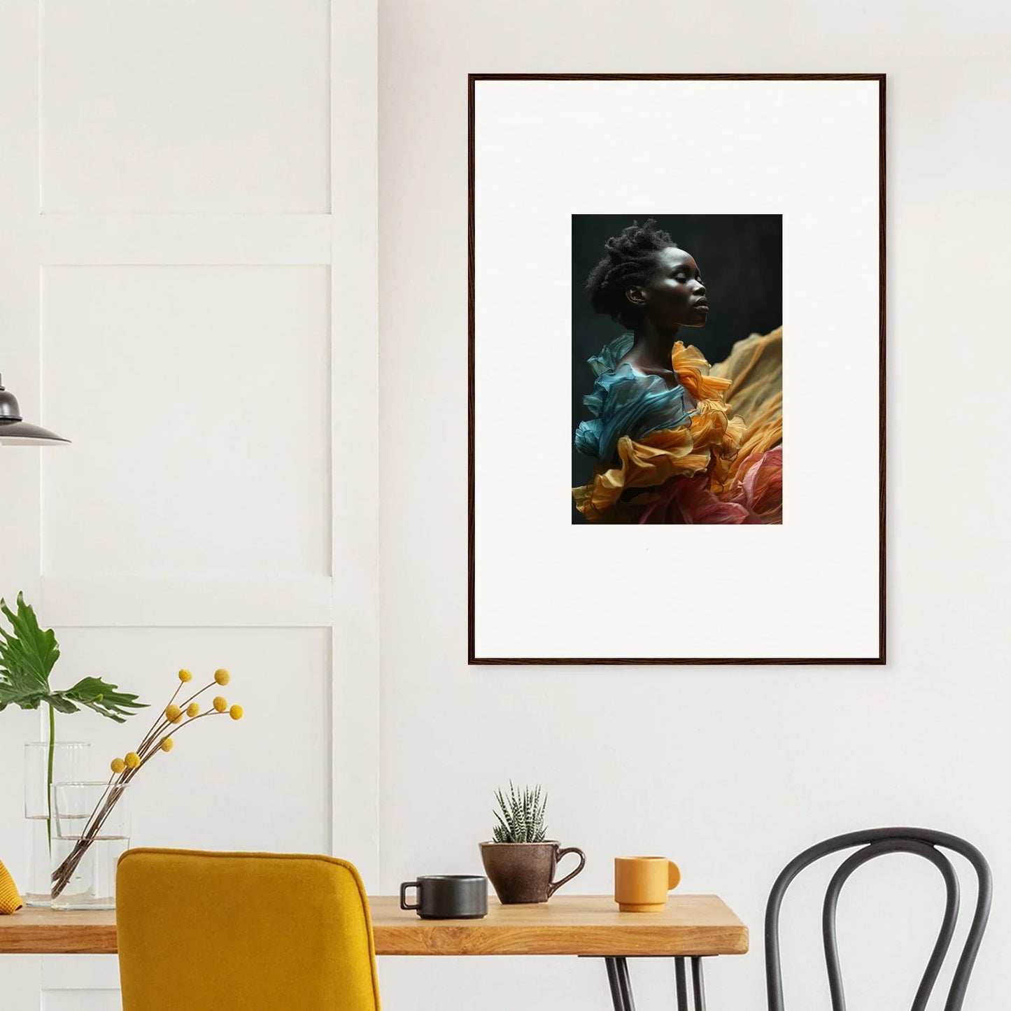 Framed portrait of a person with vibrant, colorful fabric draping their shoulders.
