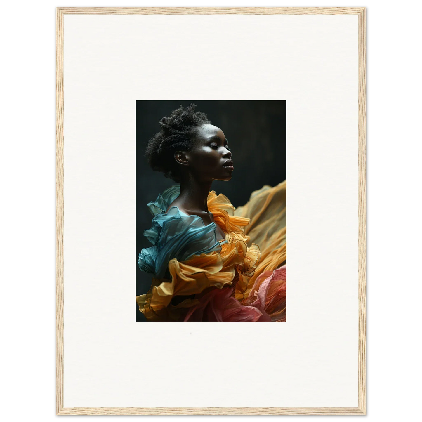 Portrait of a person surrounded by swirling, colorful fabric in teal, orange, and burgundy tones.