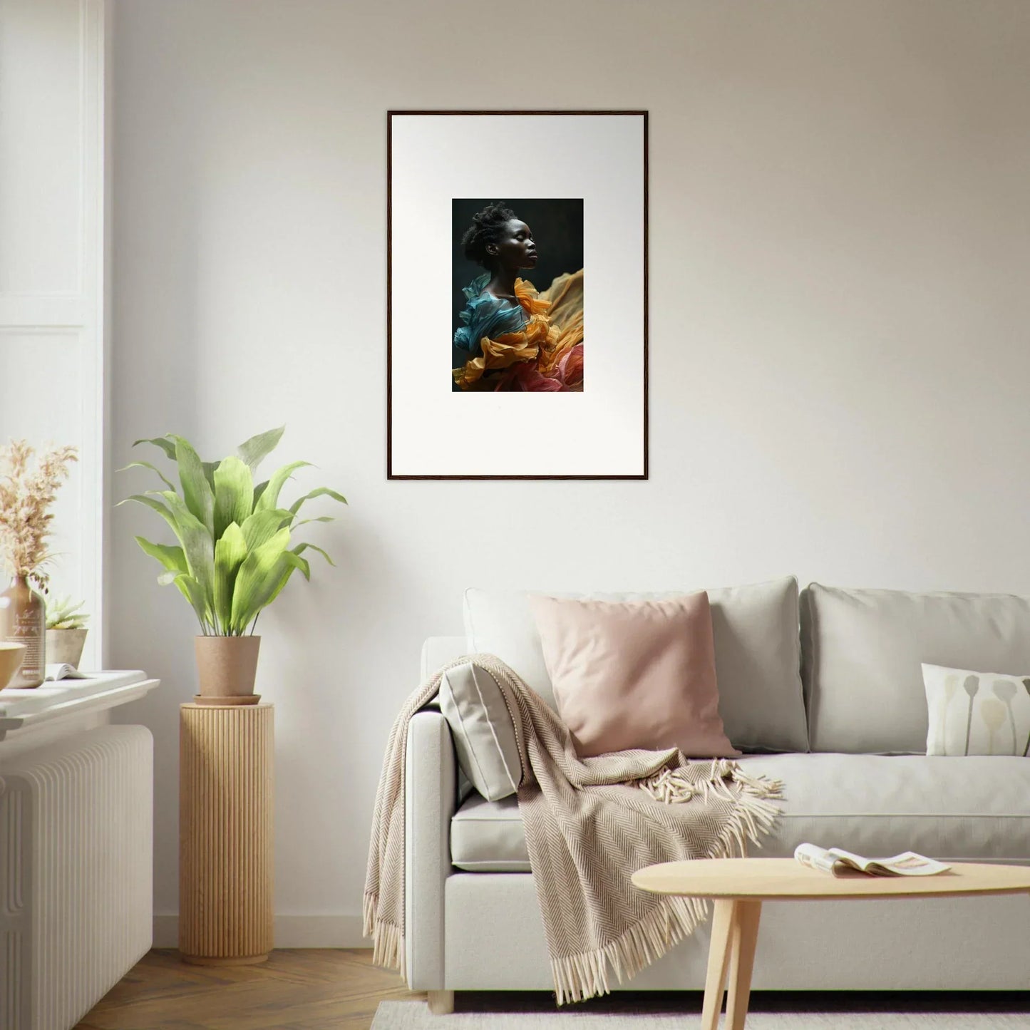 Framed portrait of a person with colorful abstract elements surrounding them.